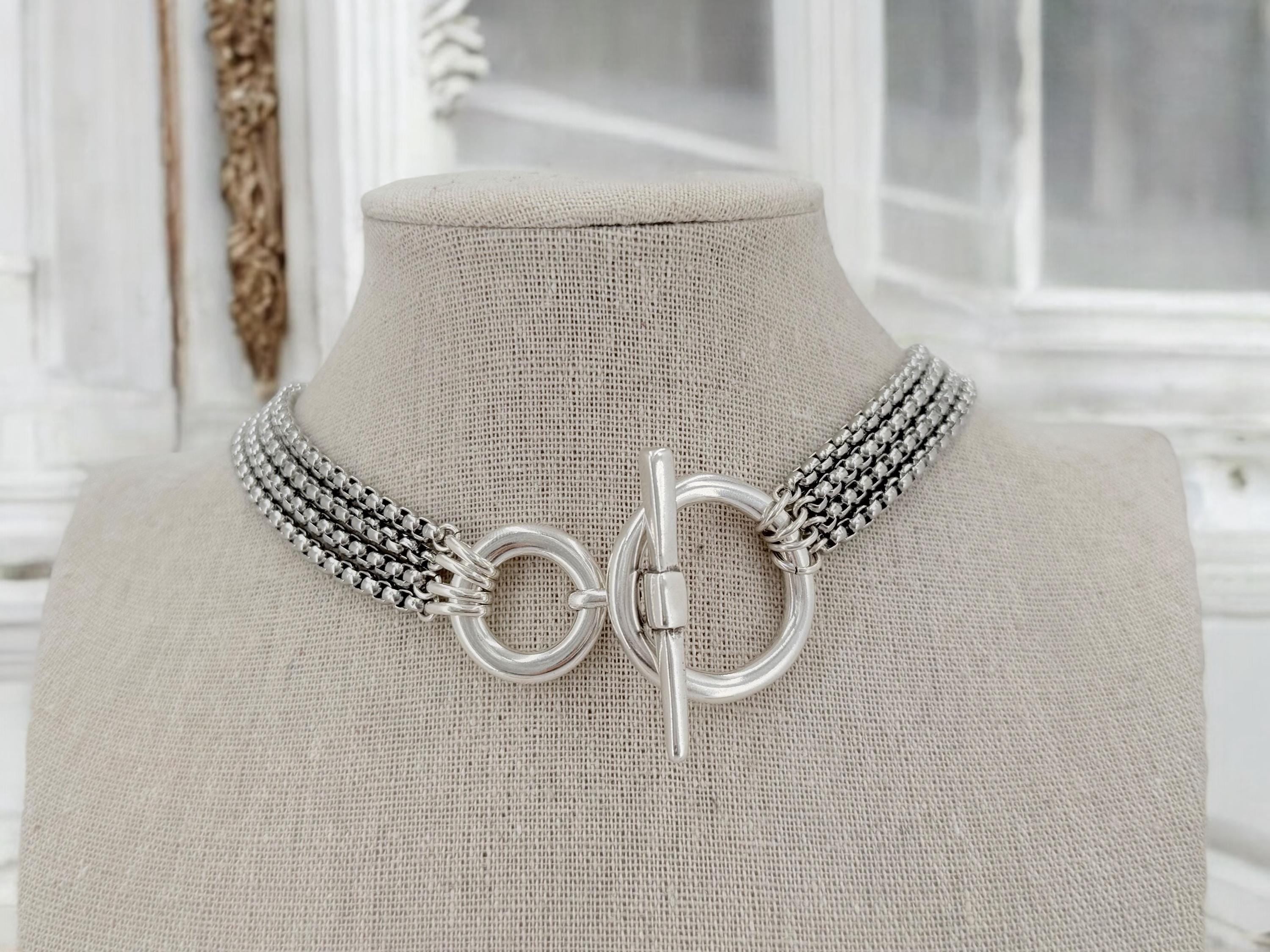 Multi stand silver chain toggle necklace, statement chunky handmade jewelry