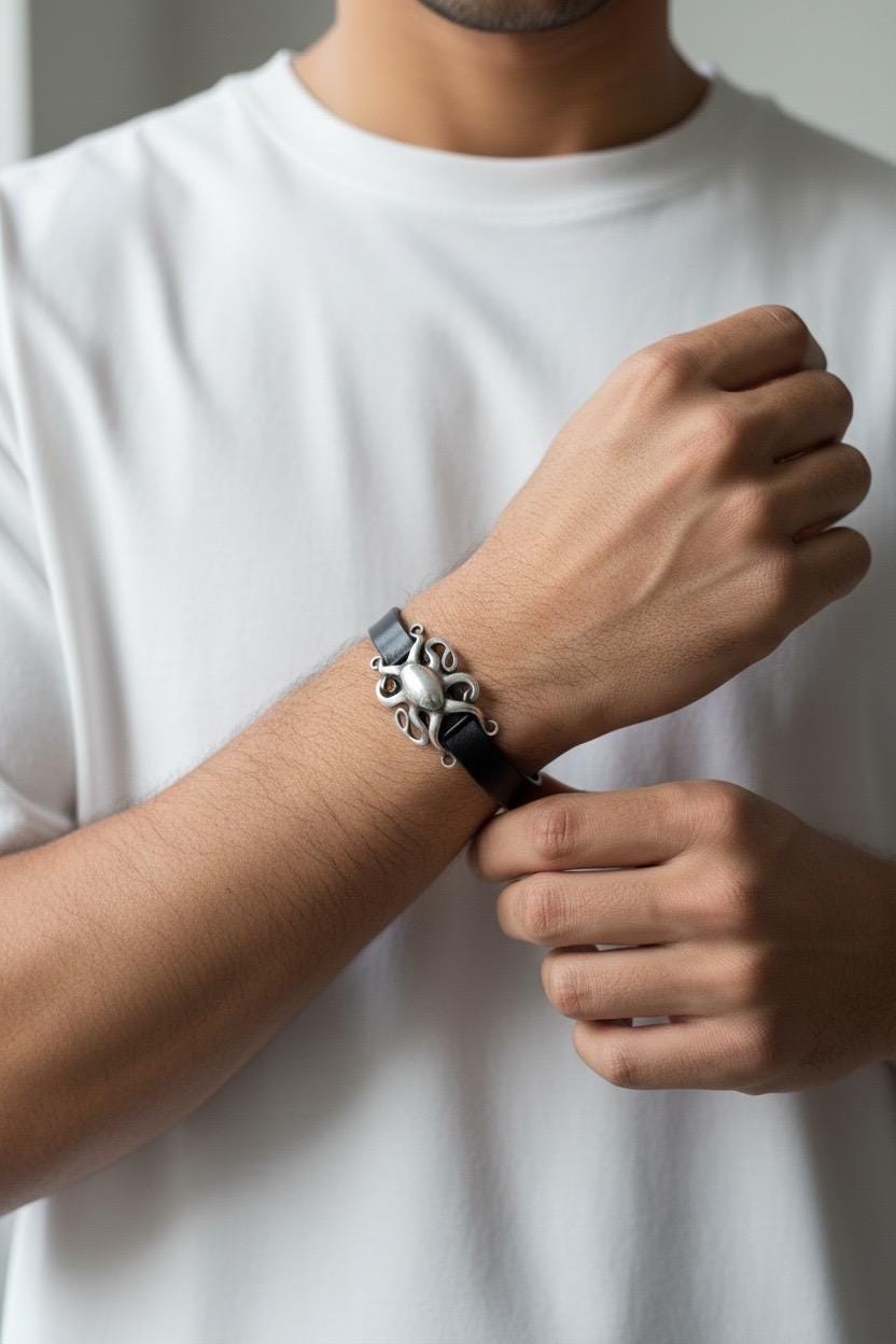 octopus unisex flat leather and silver bracelet with magnetic clasp ideal for birthday present for men and women, stylish leather bracelet