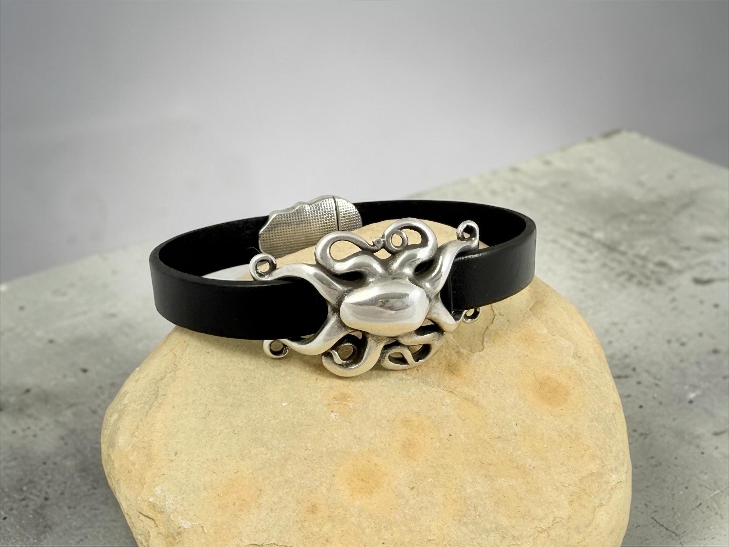 octopus unisex flat leather and silver bracelet with magnetic clasp ideal for birthday present for men and women, stylish leather bracelet