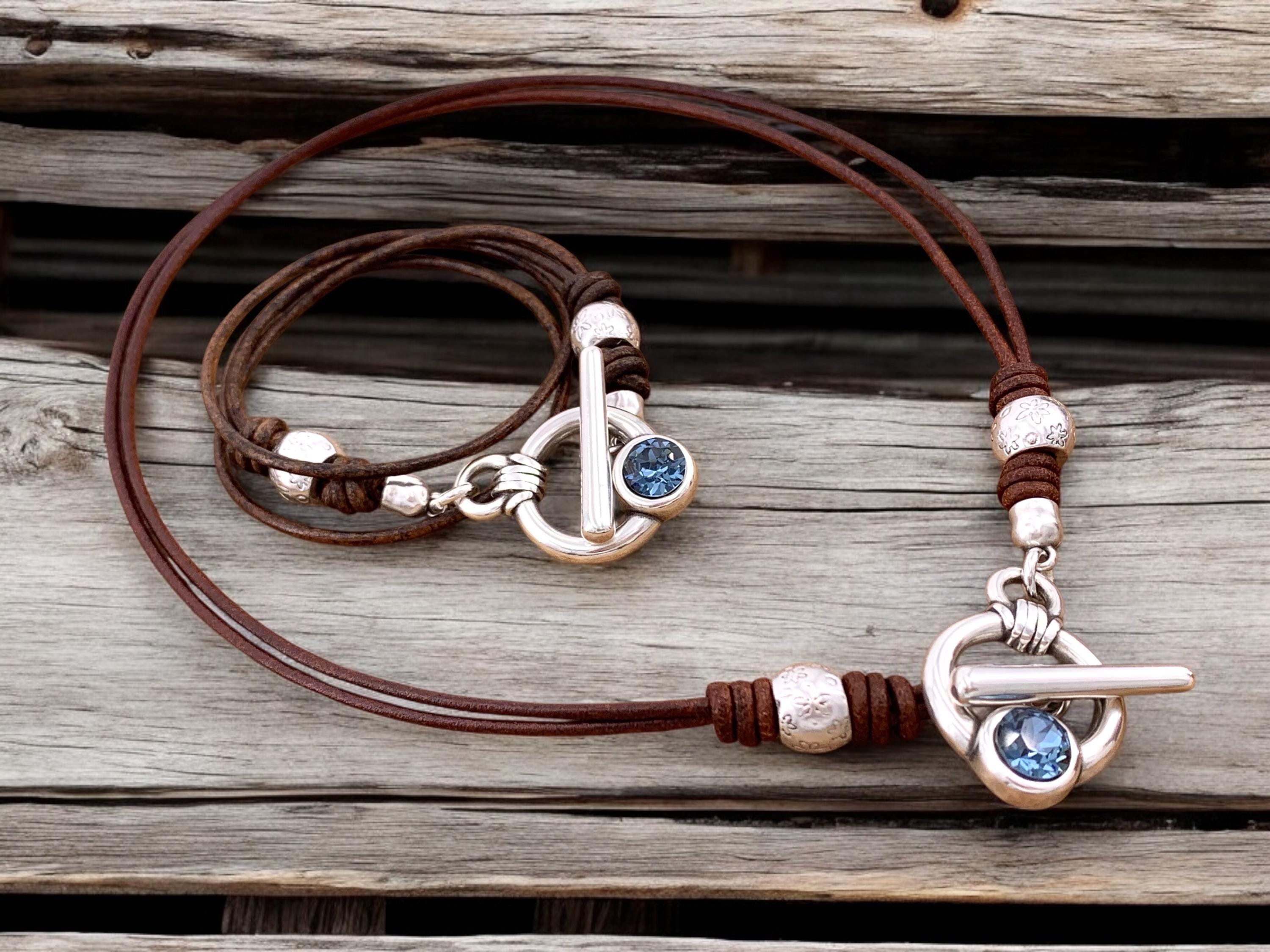 Bohemian Leather and silver Necklace – Toggle clasp with Swarovski accent– Matching Wrap Set bracelet – Kukuri Jewelry