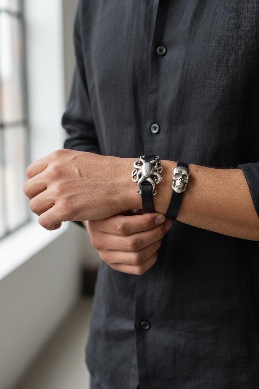 octopus unisex flat leather and silver bracelet with magnetic clasp ideal for birthday present for men and women, stylish leather bracelet