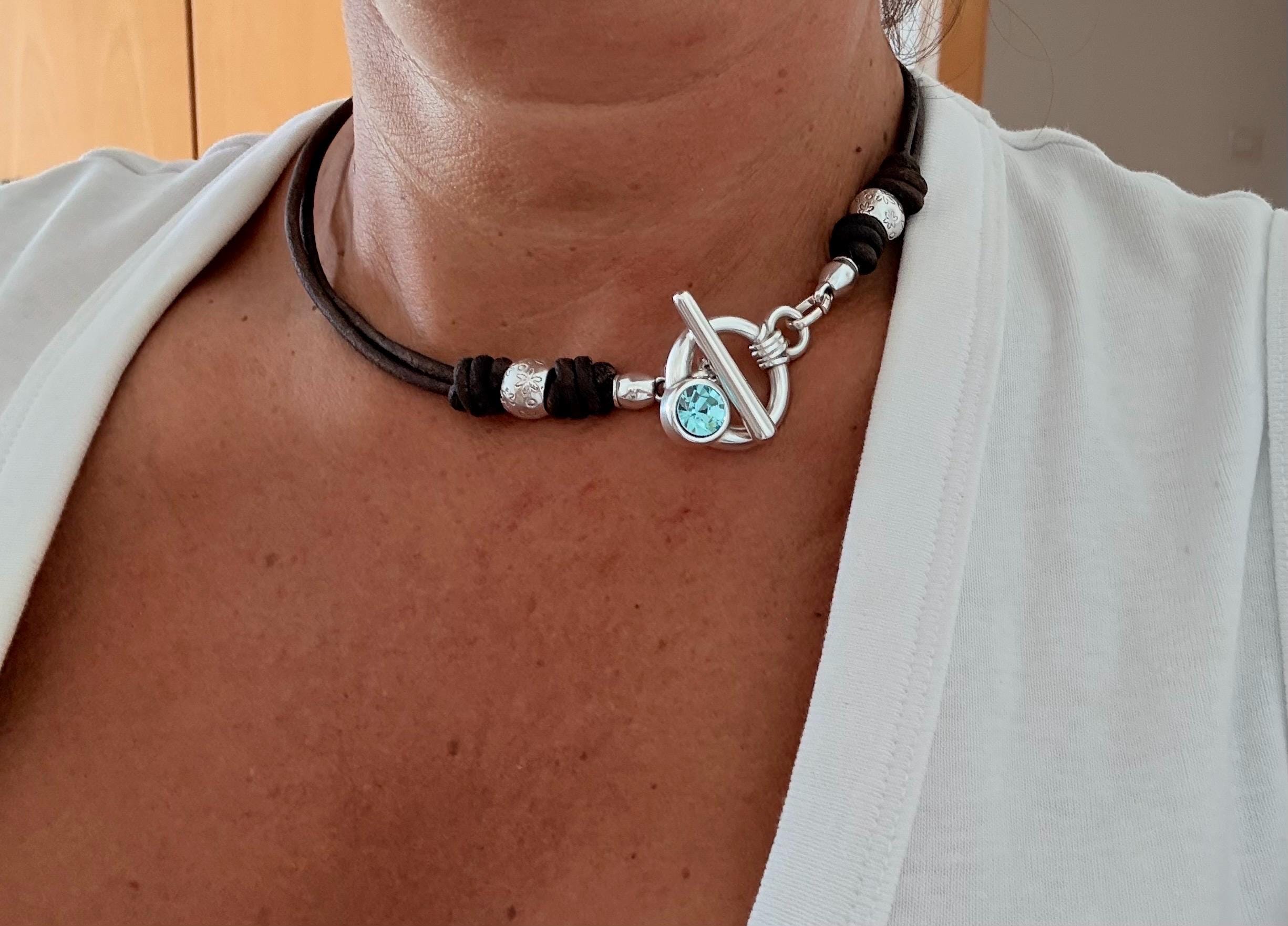 Bohemian Leather and silver Necklace – Toggle clasp with Swarovski accent– Matching Wrap Set bracelet – Kukuri Jewelry