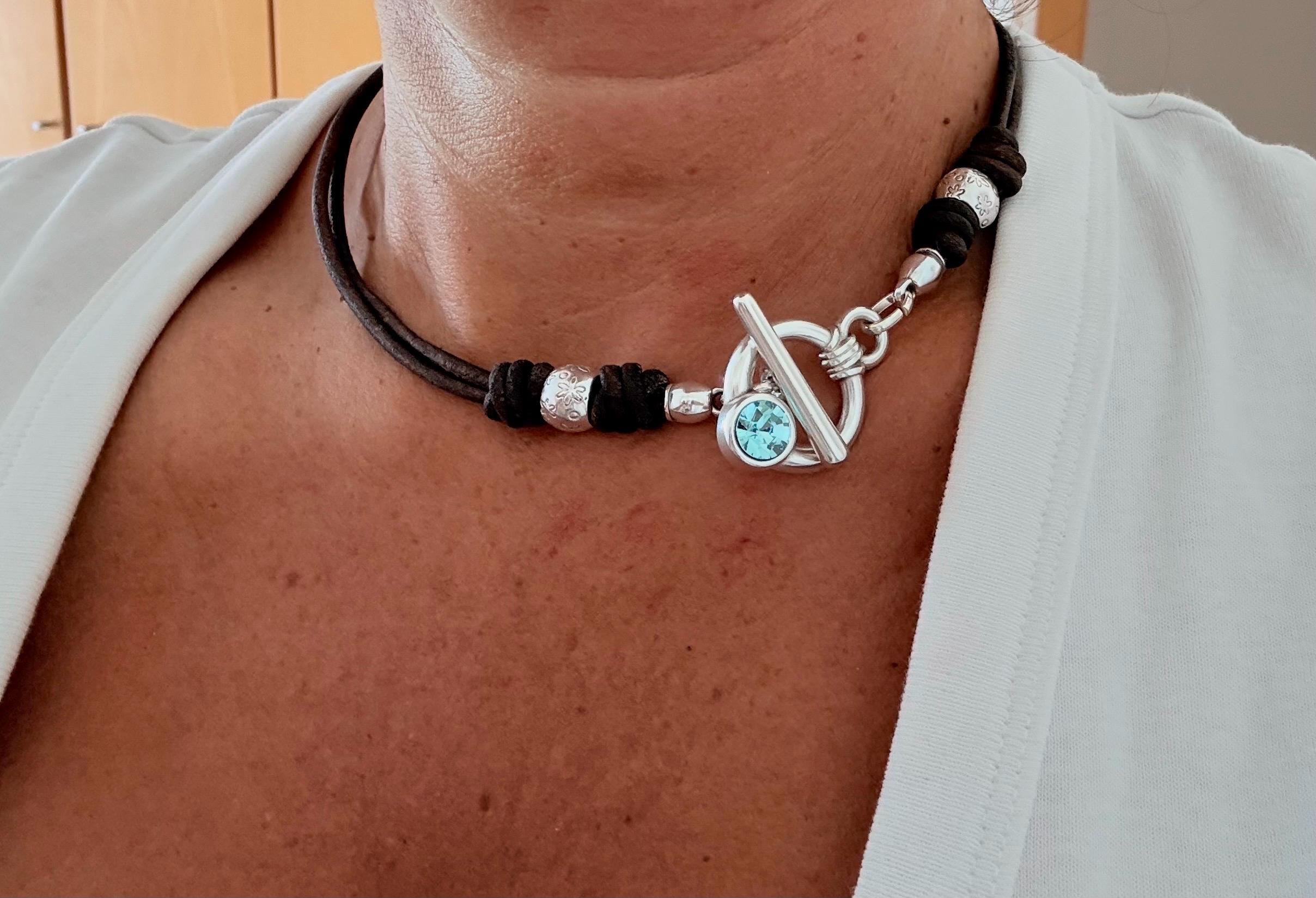 Bohemian Leather and silver Necklace – Toggle clasp with Swarovski accent– Matching Wrap Set bracelet – Kukuri Jewelry