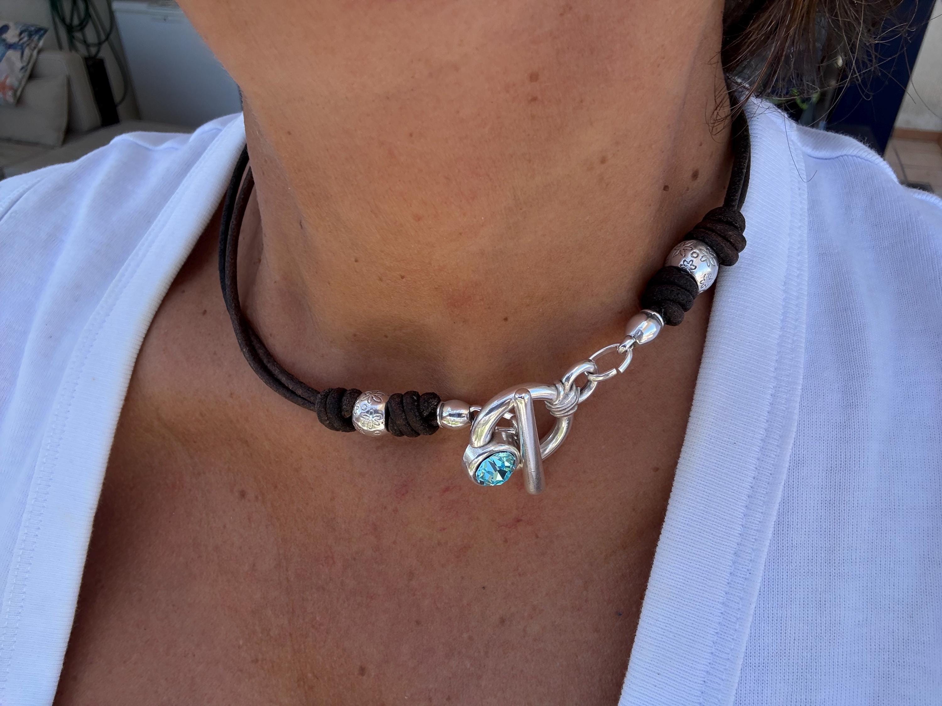 Bohemian Leather and silver Necklace – Toggle clasp with Swarovski accent– Matching Wrap Set bracelet – Kukuri Jewelry