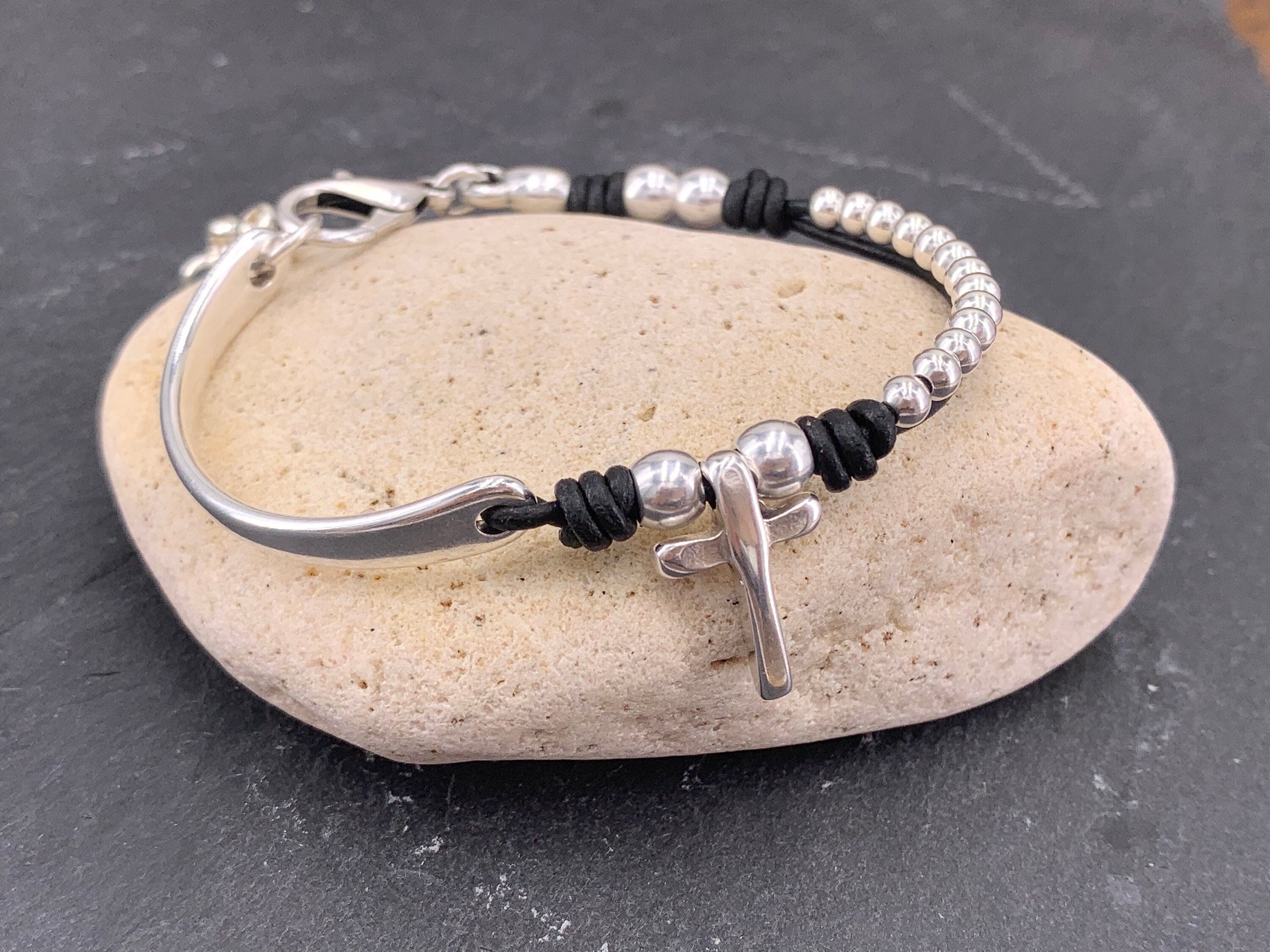 Bohemian leather and silver half cuff, cross beaded hippie bracelet, custom handmade jewelry