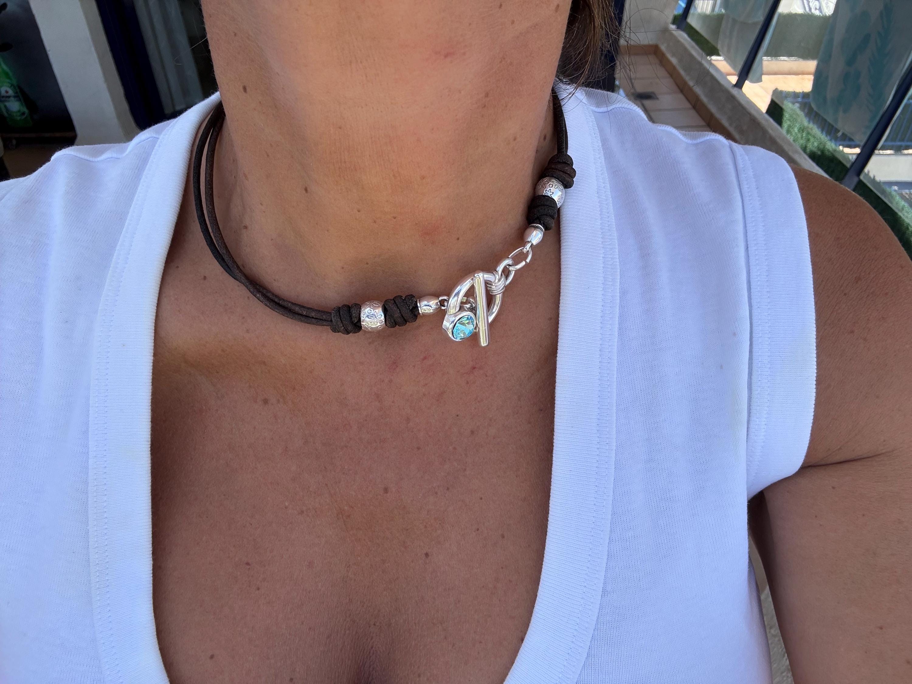 Bohemian Leather and silver Necklace – Toggle clasp with Swarovski accent– Matching Wrap Set bracelet – Kukuri Jewelry