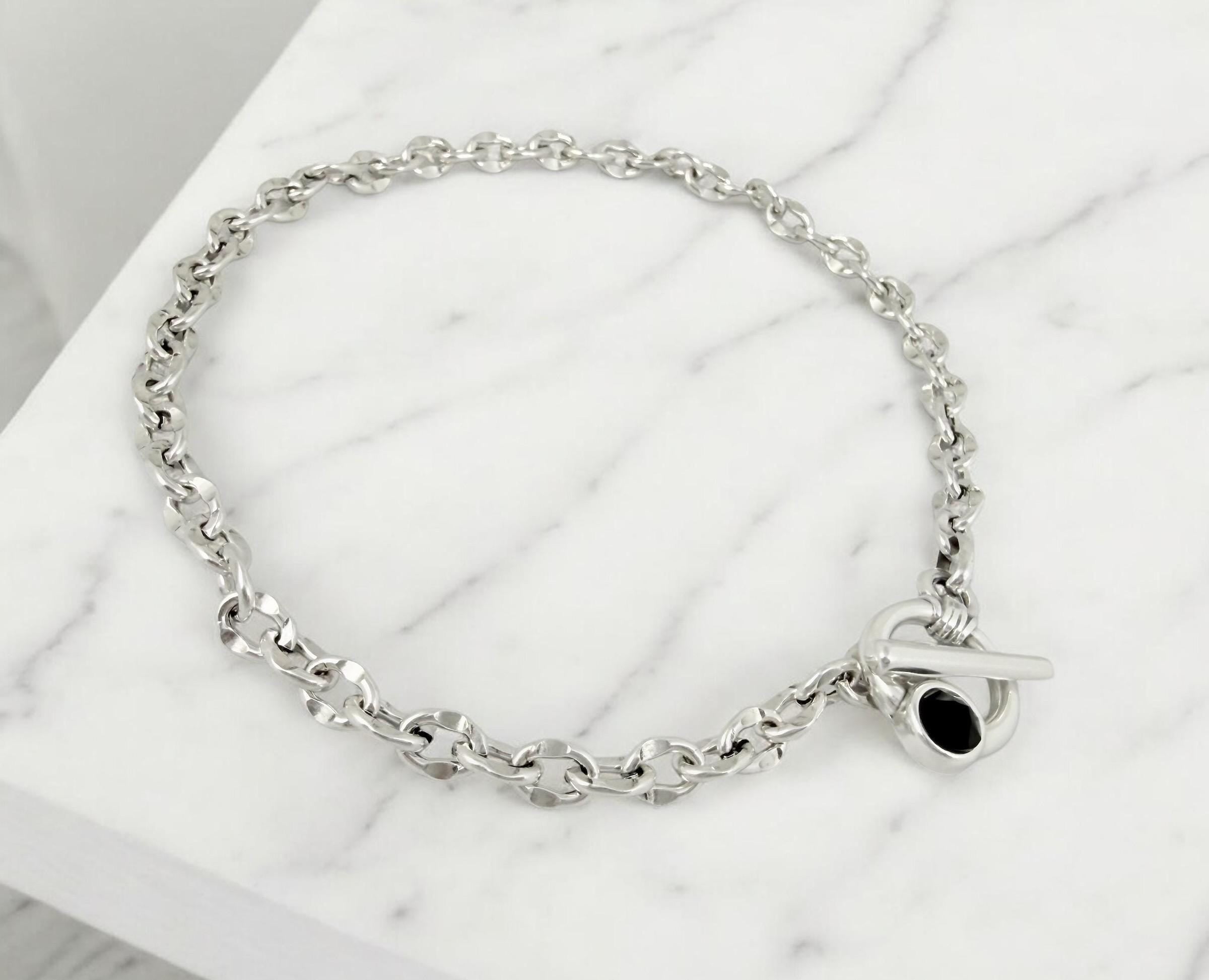 Silver chunky toggle necklace, chain necklace with Swarovski crystal, gift for her, , bold chain choker