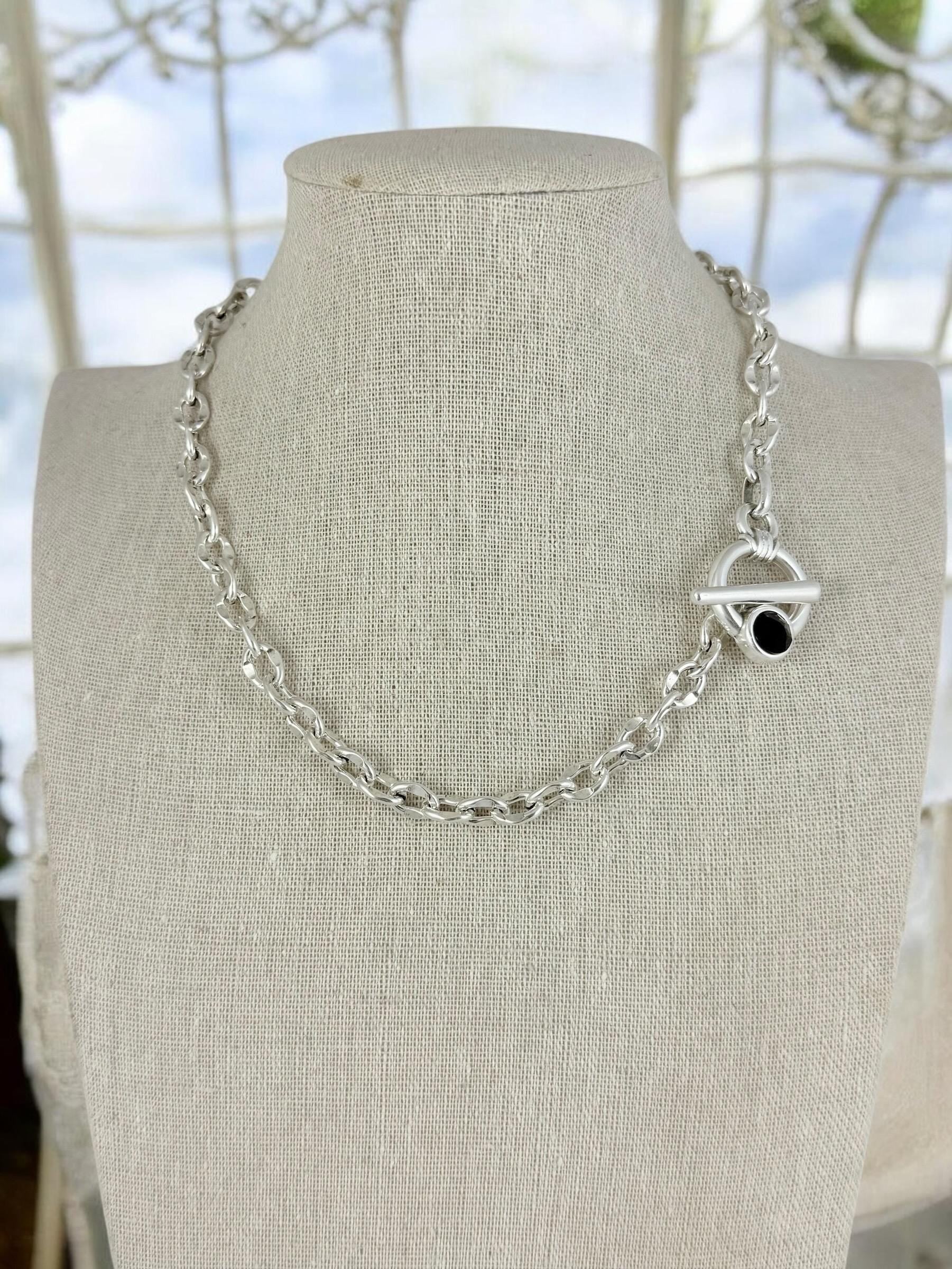 Silver chunky toggle necklace, chain necklace with Swarovski crystal, gift for her, , bold chain choker
