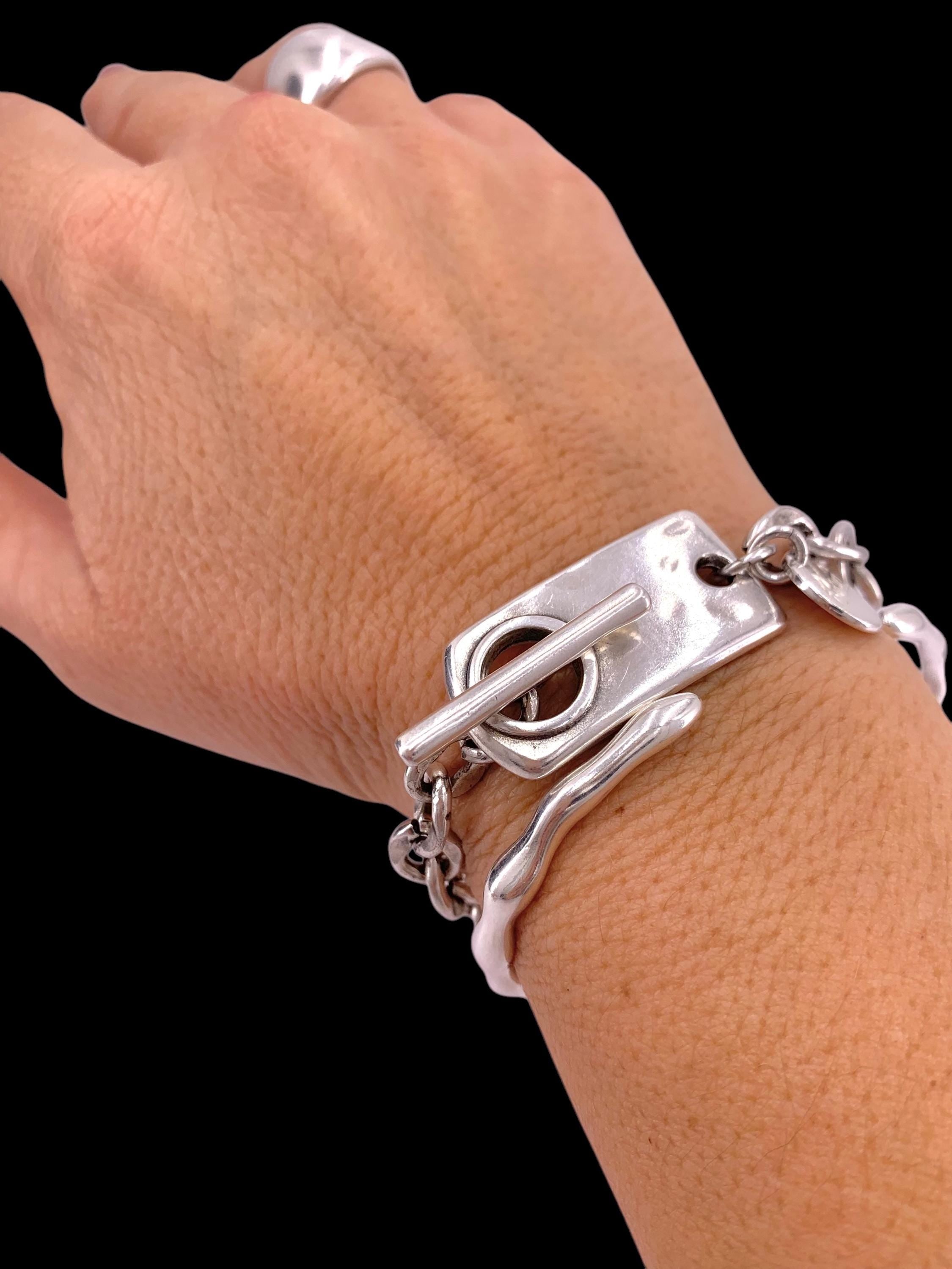 Artisian Chunky silver plated toggle clasp necklace, industrial style