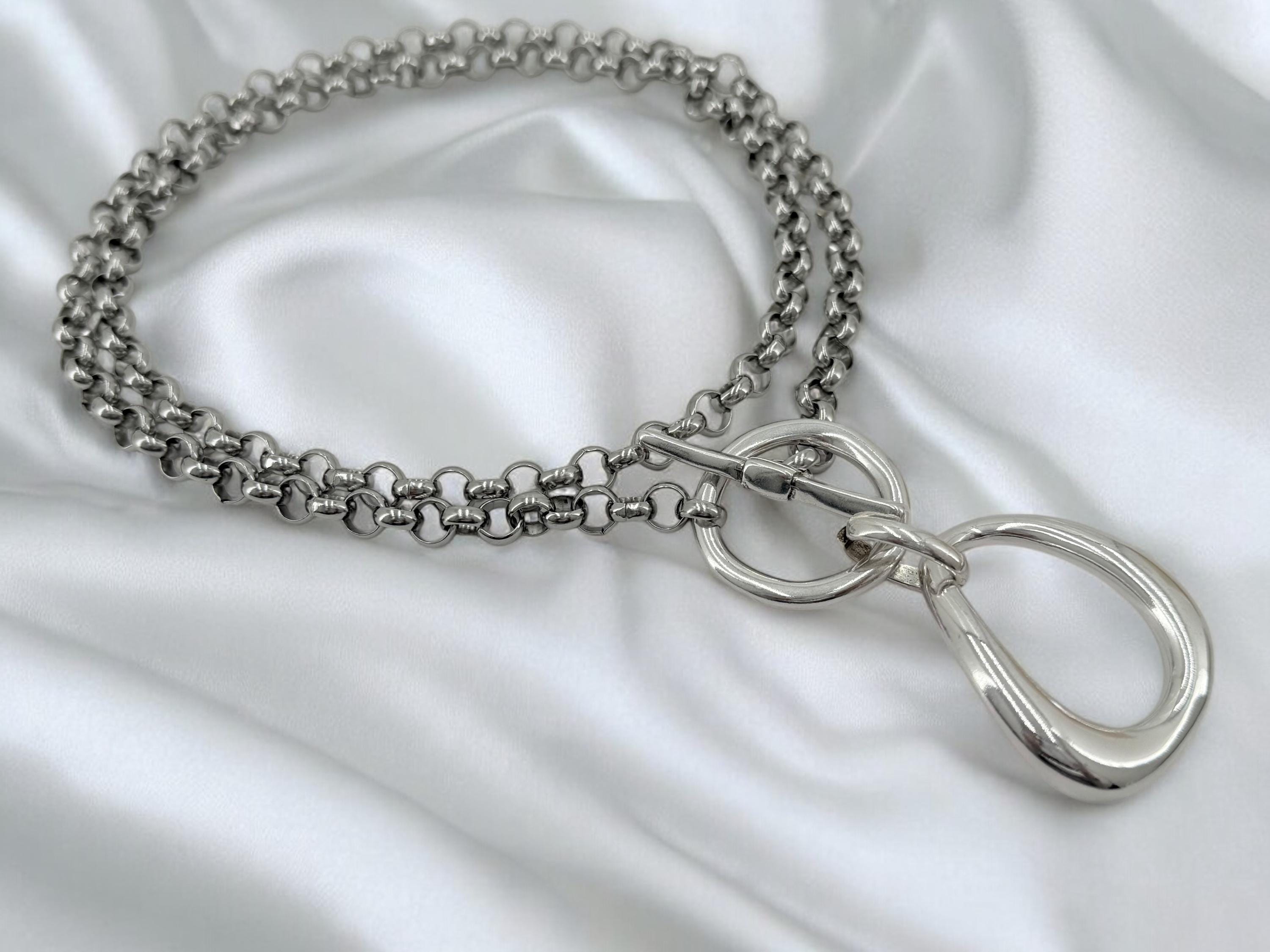Layered toggle clasp statement pendant necklace, large o double chain versatile design, custom jewelry