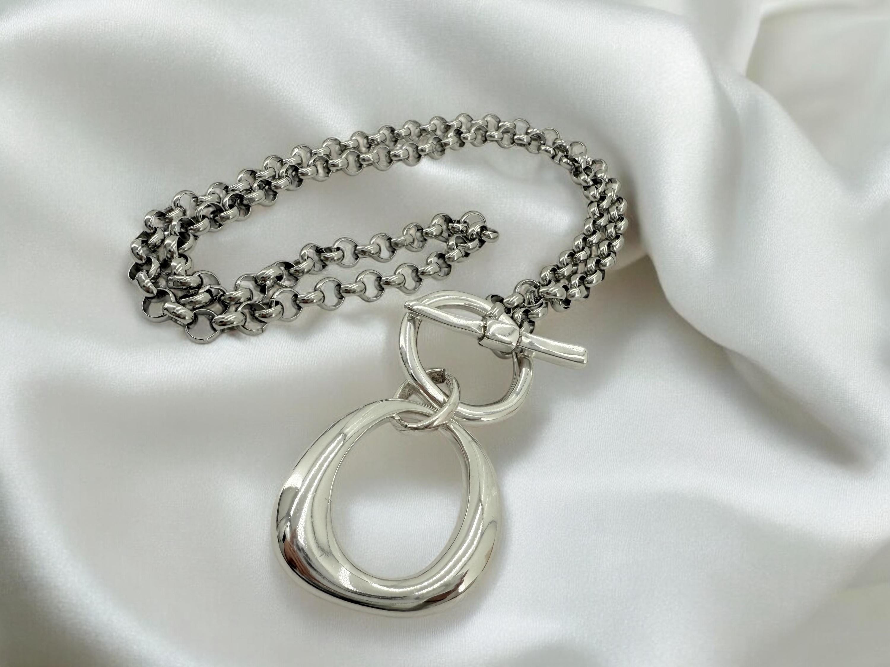 Layered toggle clasp statement pendant necklace, large o double chain versatile design, custom jewelry
