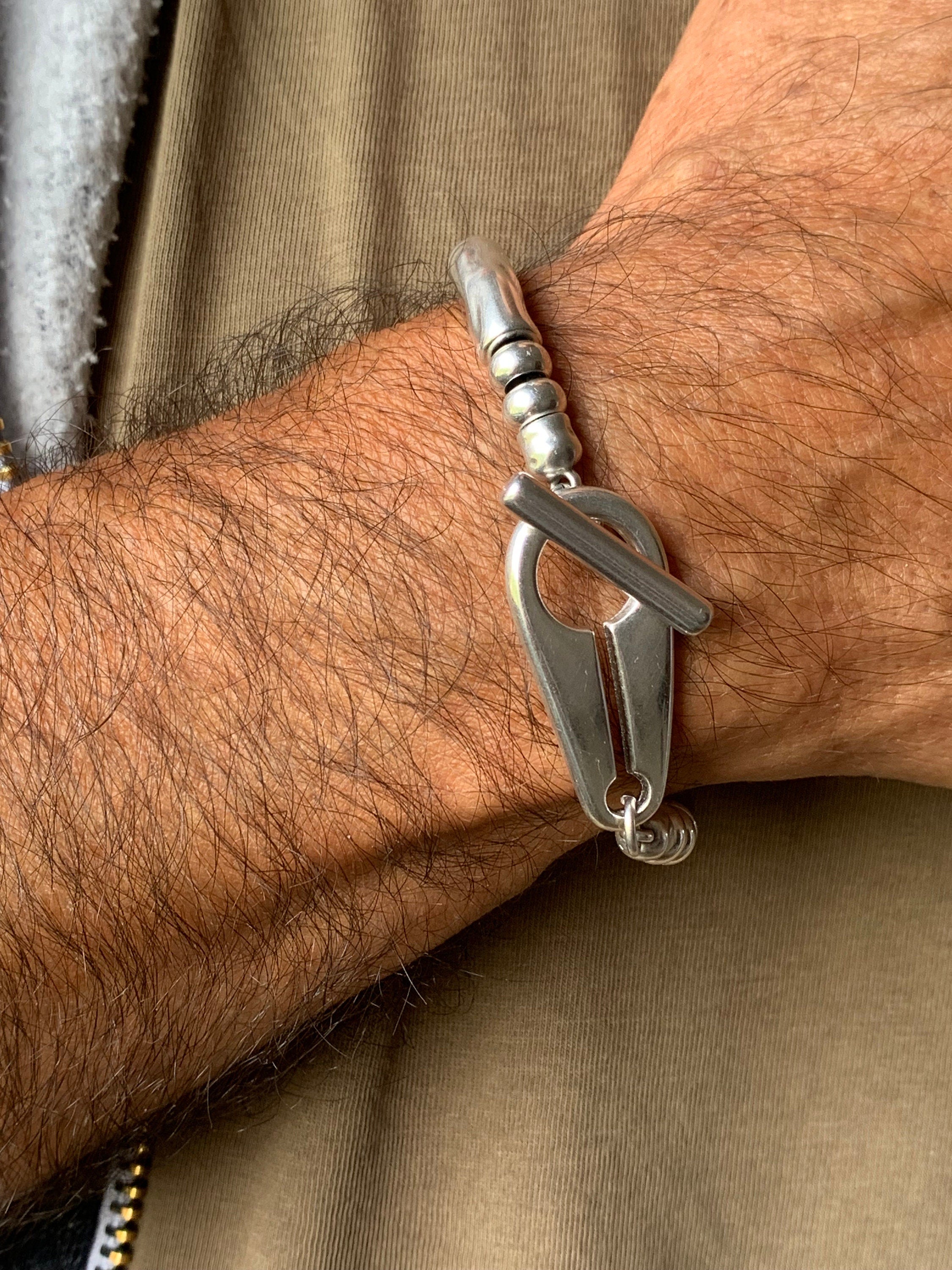 Unisex Chunky Silver toggle clasp Bracelet, Bold Sculptural Handmade Statement Jewelry