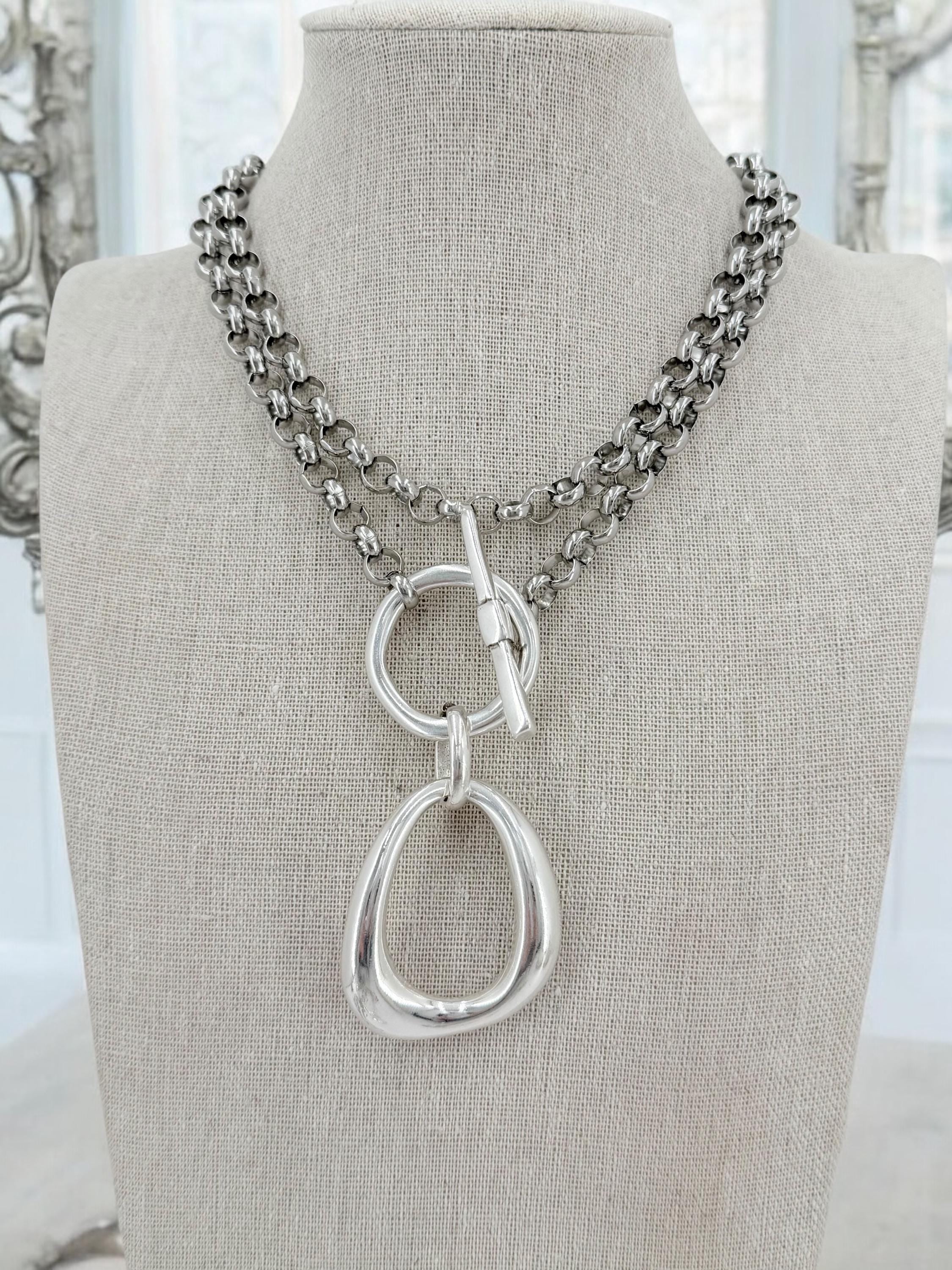 Layered toggle clasp statement pendant necklace, large o double chain versatile design, custom jewelry