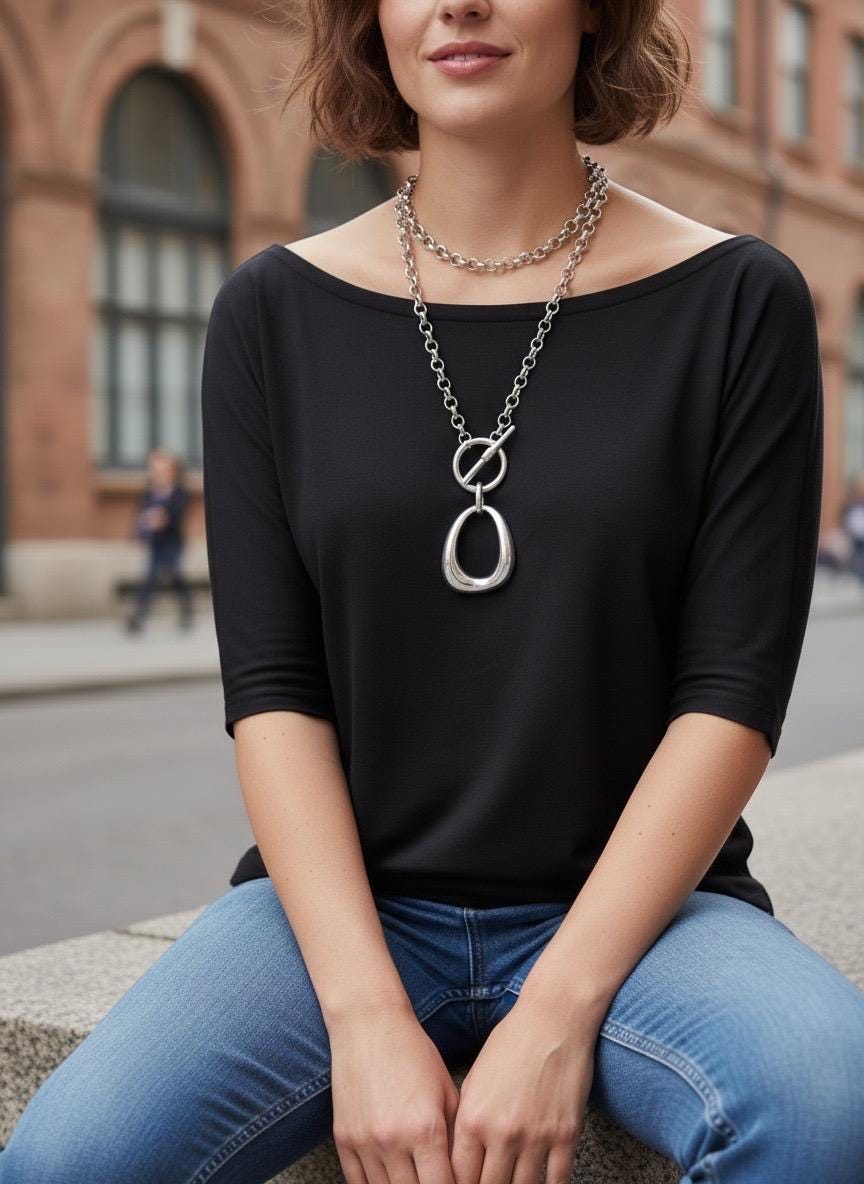 Layered toggle clasp statement pendant necklace, large o double chain versatile design, custom jewelry