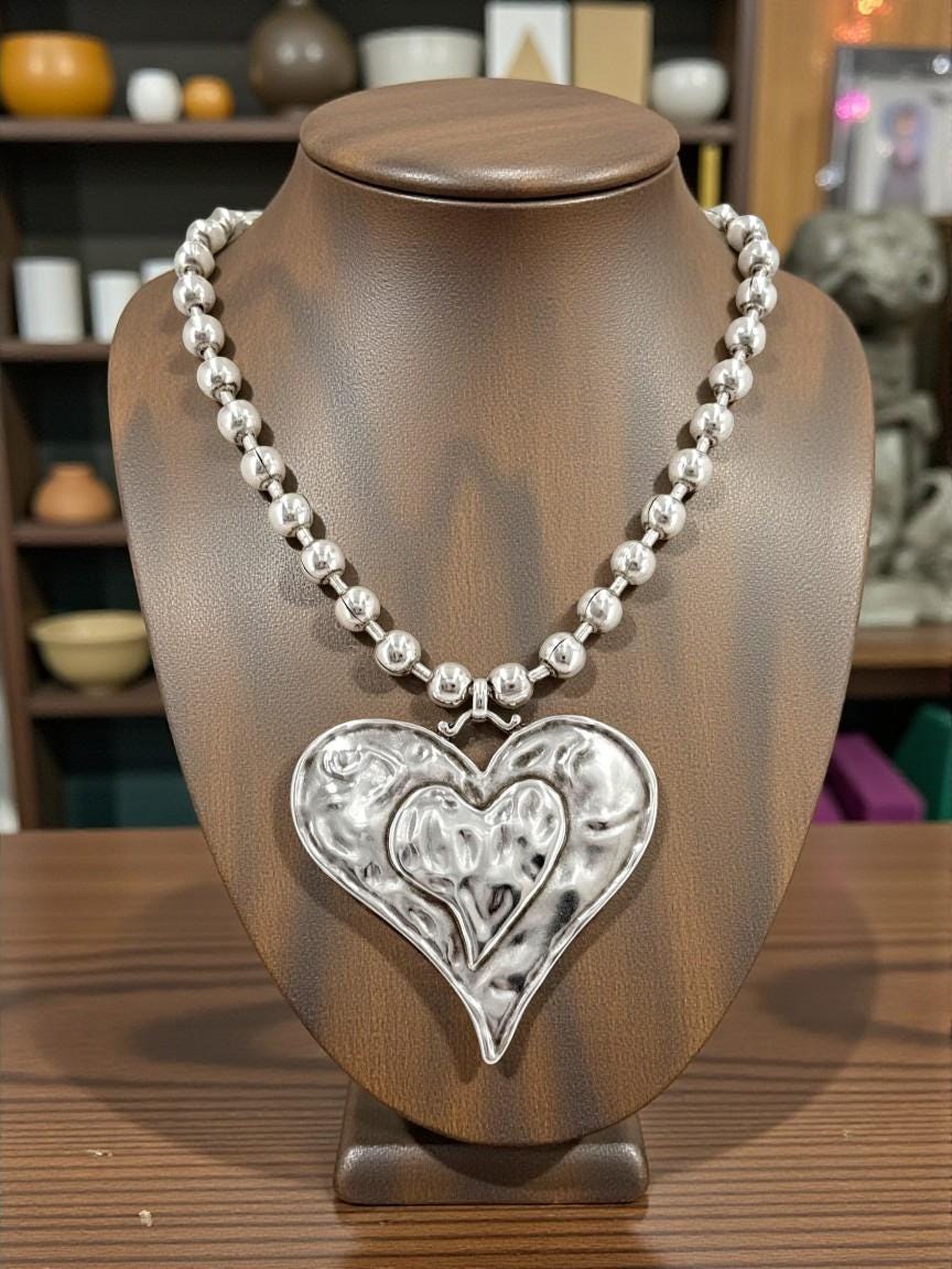 chunky silver ball chain necklace with statement large heart pendant - custom bold jewelry