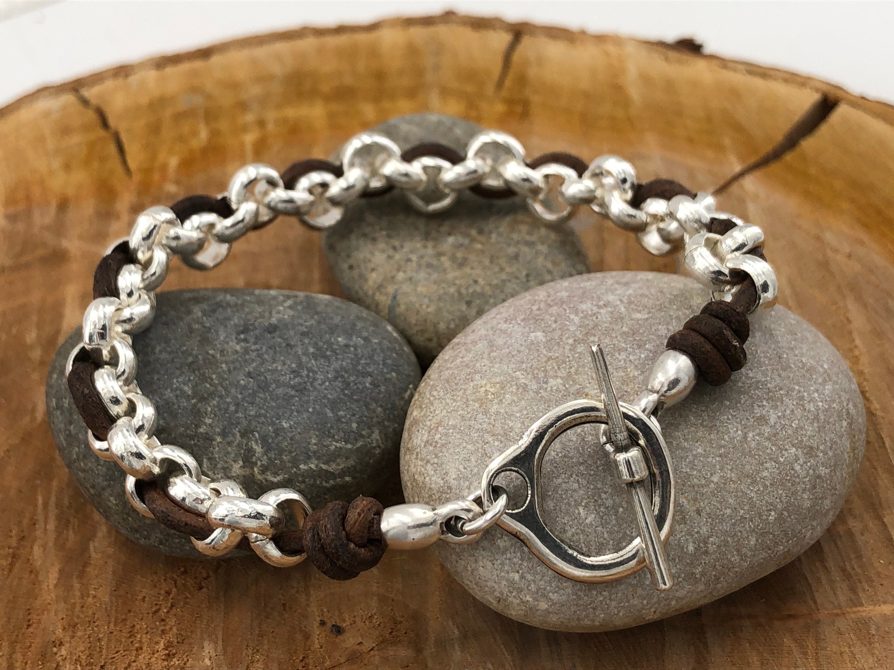 knot leather bracelet, chain and leather bracelet, silver bracelet, chunky silver and leather bracelet, toggle chain chunky bracelet,