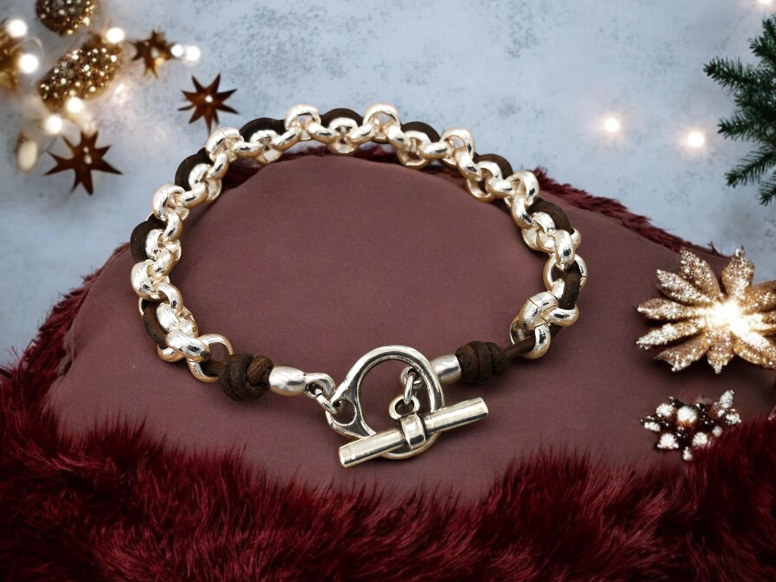 knot leather bracelet, chain and leather bracelet, silver bracelet, chunky silver and leather bracelet, toggle chain chunky bracelet,