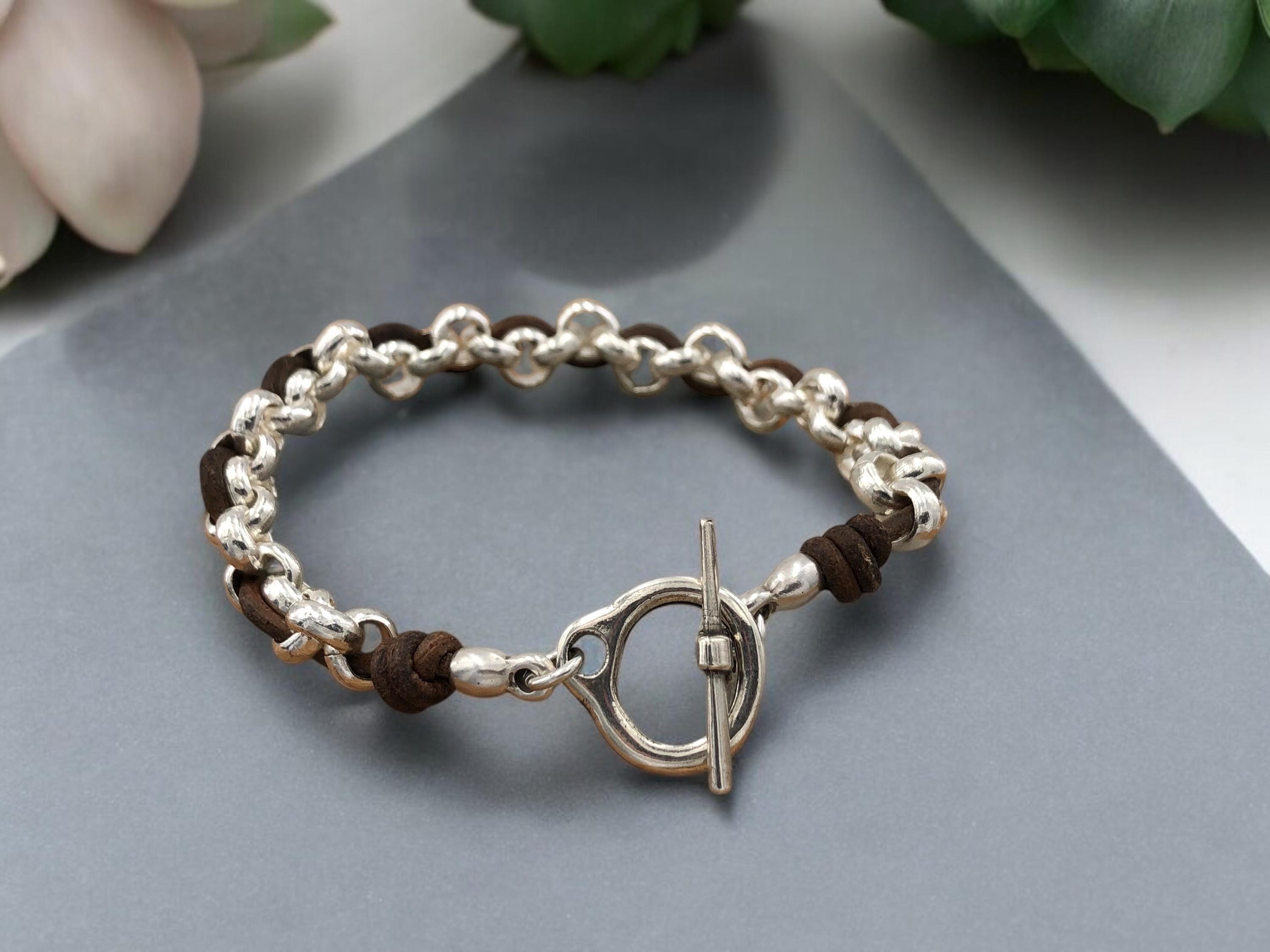 knot leather bracelet, chain and leather bracelet, silver bracelet, chunky silver and leather bracelet, toggle chain chunky bracelet,