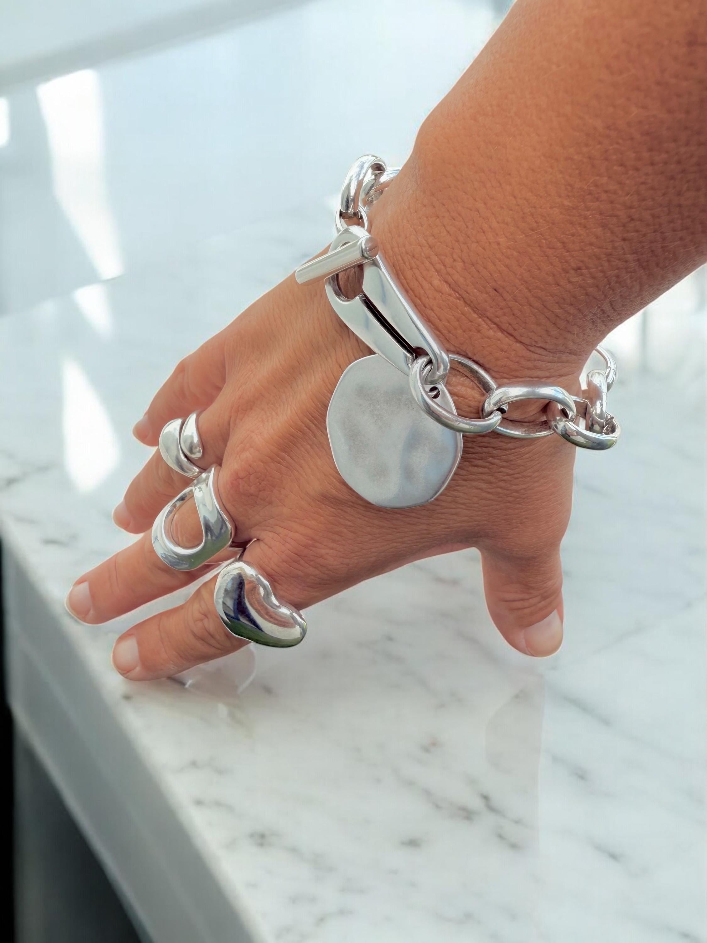 Chunky Silver Chain Bracelet for Women – Large Link Design with Toggle Clasp and Disc Charm – Handmade Statement Jewelry,