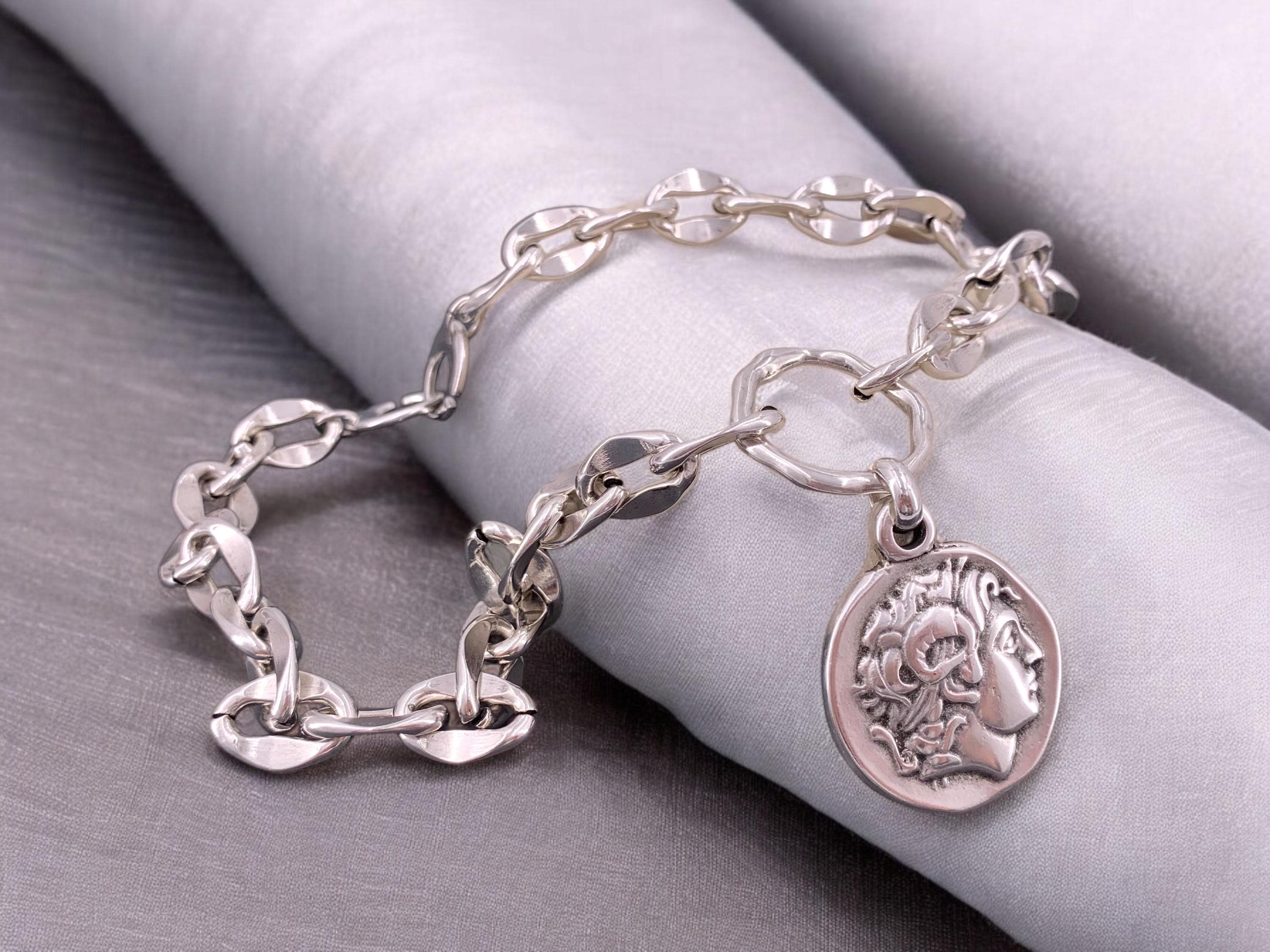 Chunky silver plated chain necklace with statement coin pendant, customized jewelry