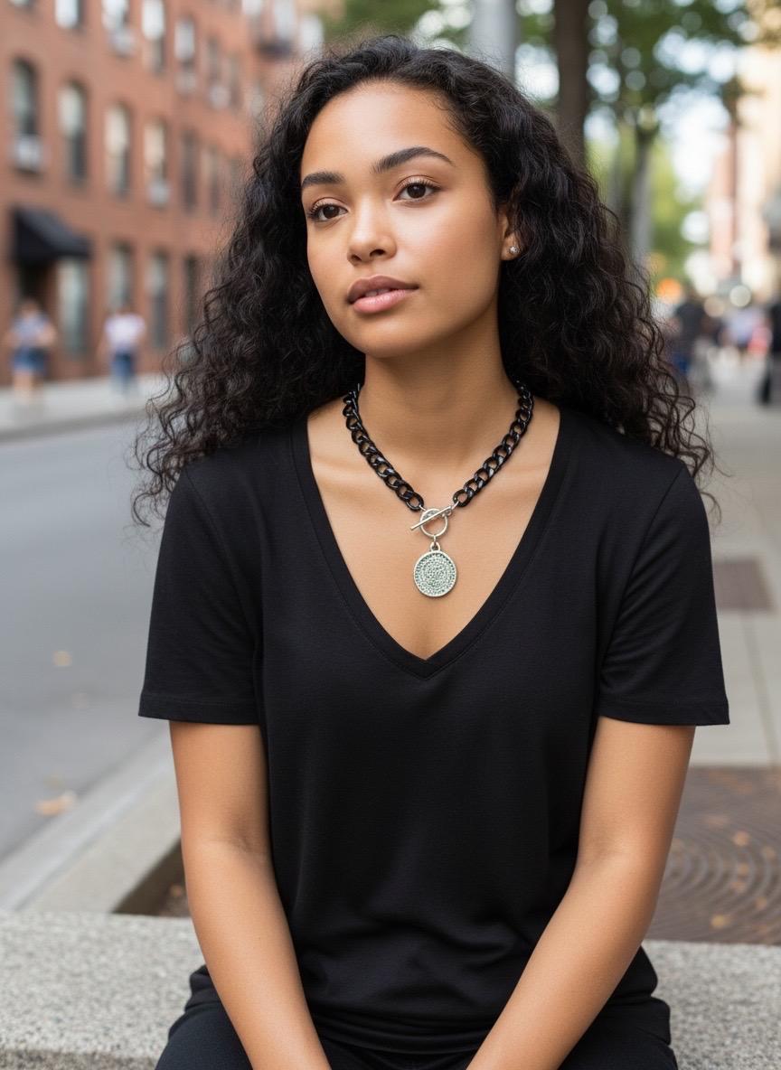 Chunky black chain coin pendant toggle clasp necklace