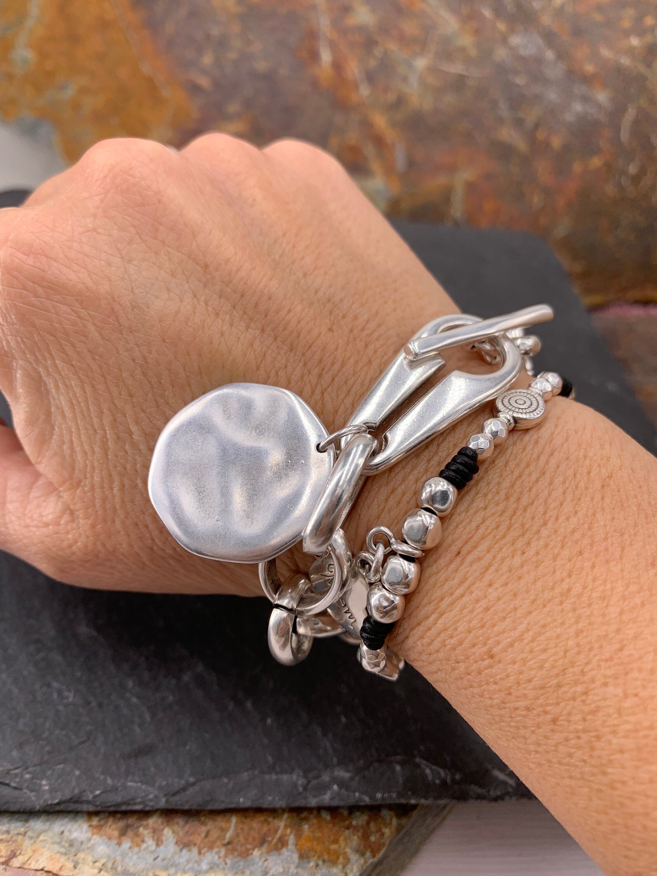 Chunky Silver Chain Bracelet for Women – Large Link Design with Toggle Clasp and Disc Charm – Handmade Statement Jewelry,