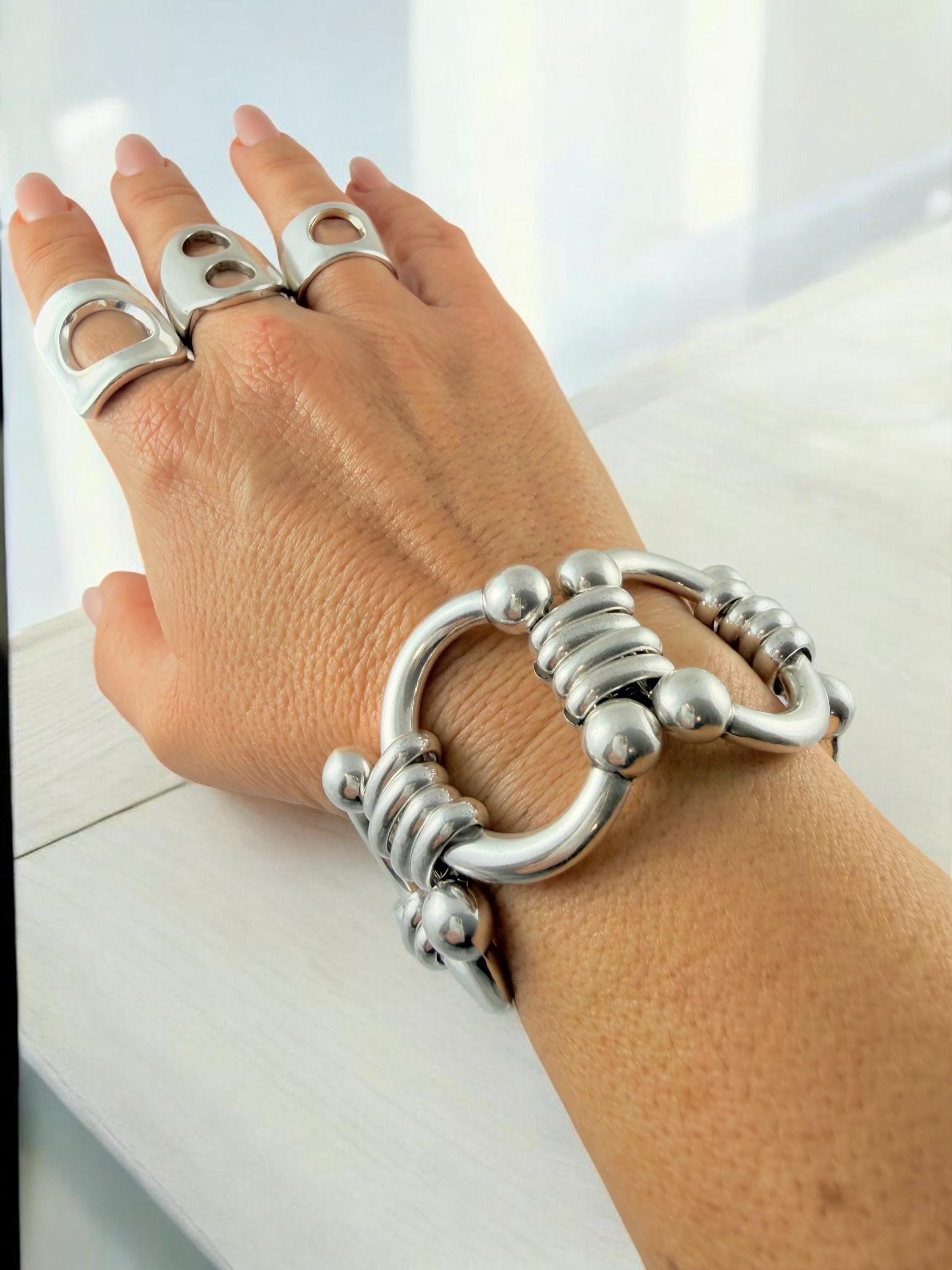 Chunky Silver-Plated Equestrian Link Bracelet – Bold Statement Chain – Adjustable Fit for larger wrist
