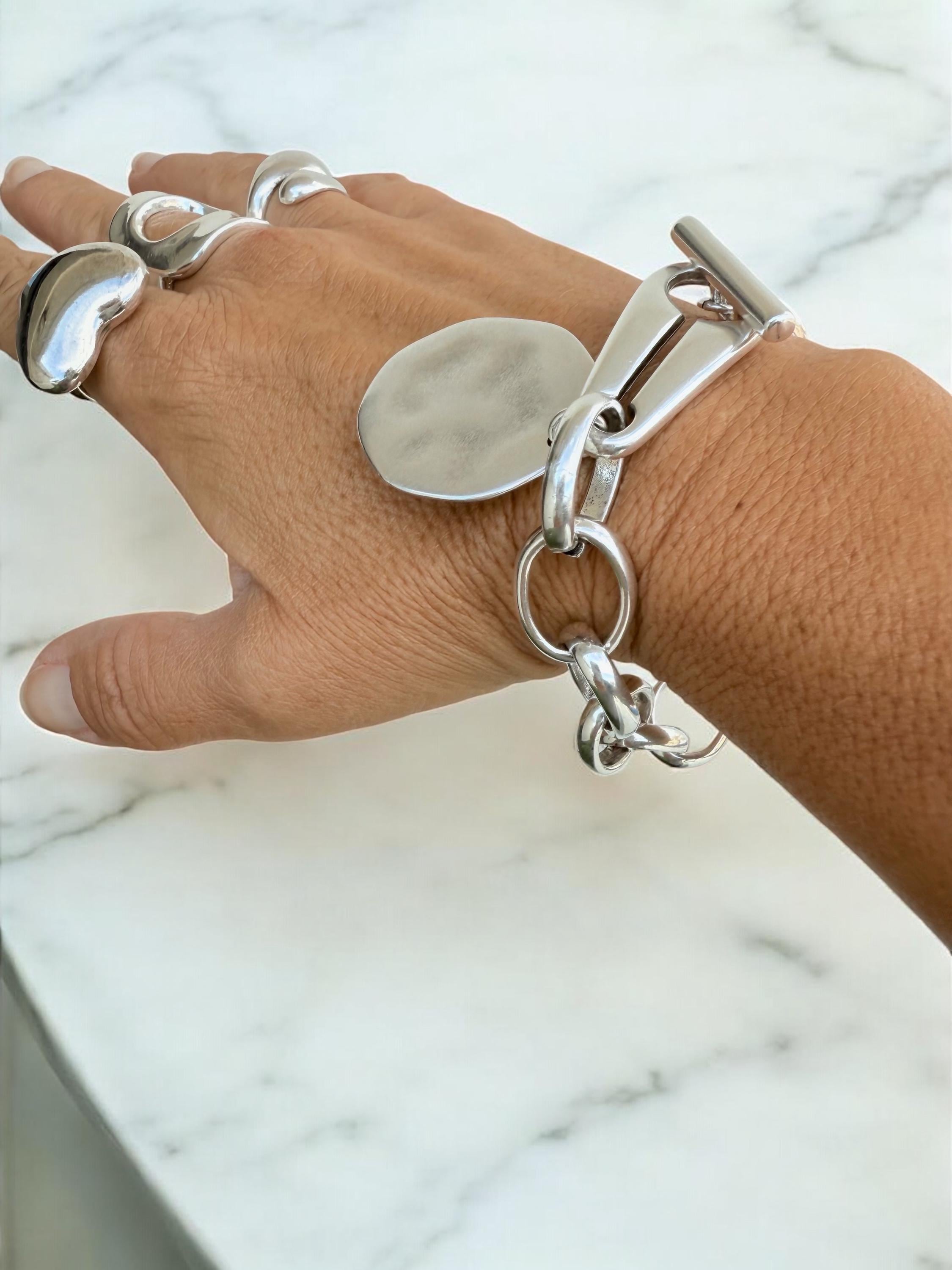 Chunky Silver Chain Bracelet for Women – Large Link Design with Toggle Clasp and Disc Charm – Handmade Statement Jewelry,