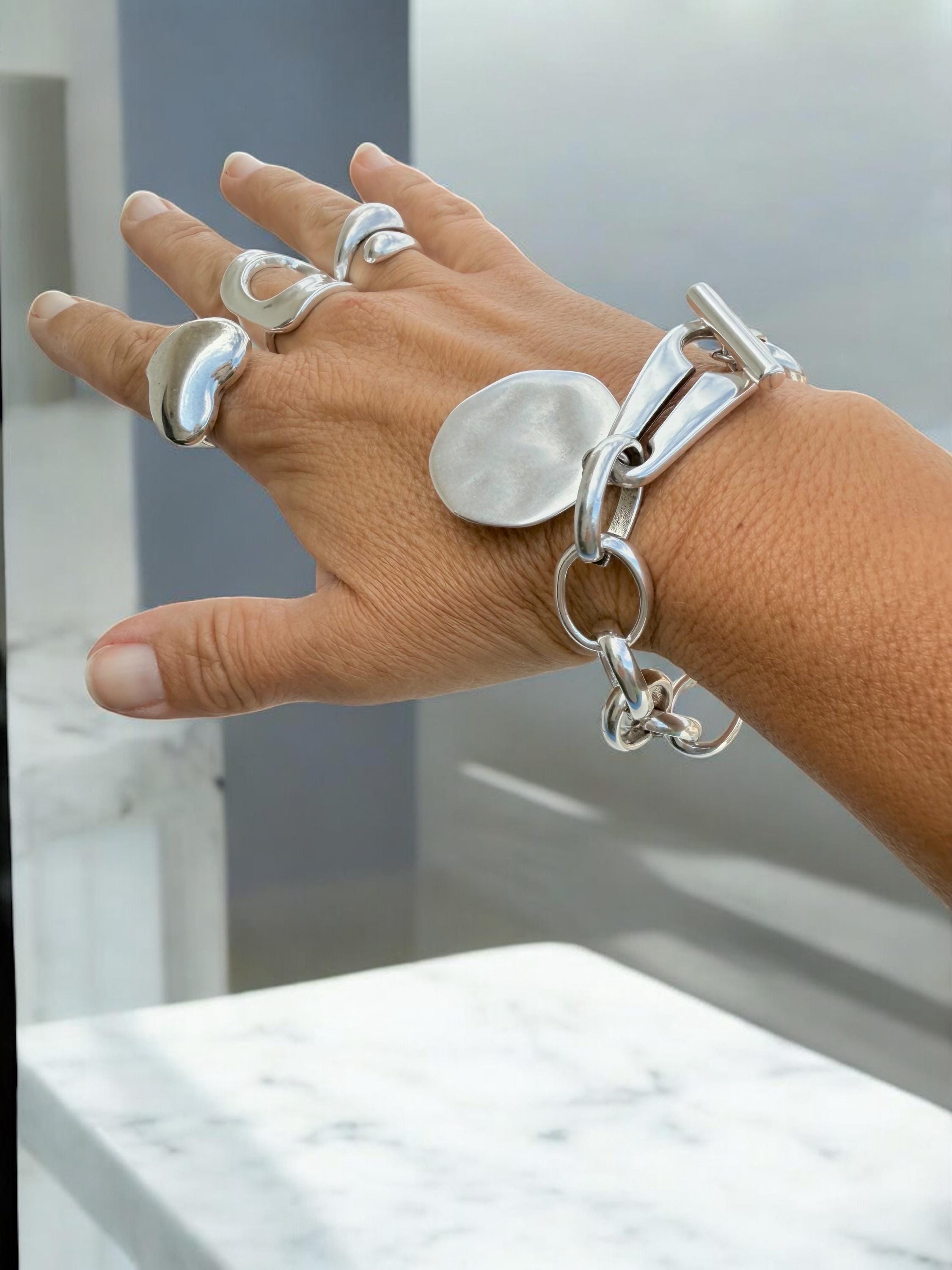Chunky Silver Chain Bracelet for Women – Large Link Design with Toggle Clasp and Disc Charm – Handmade Statement Jewelry,