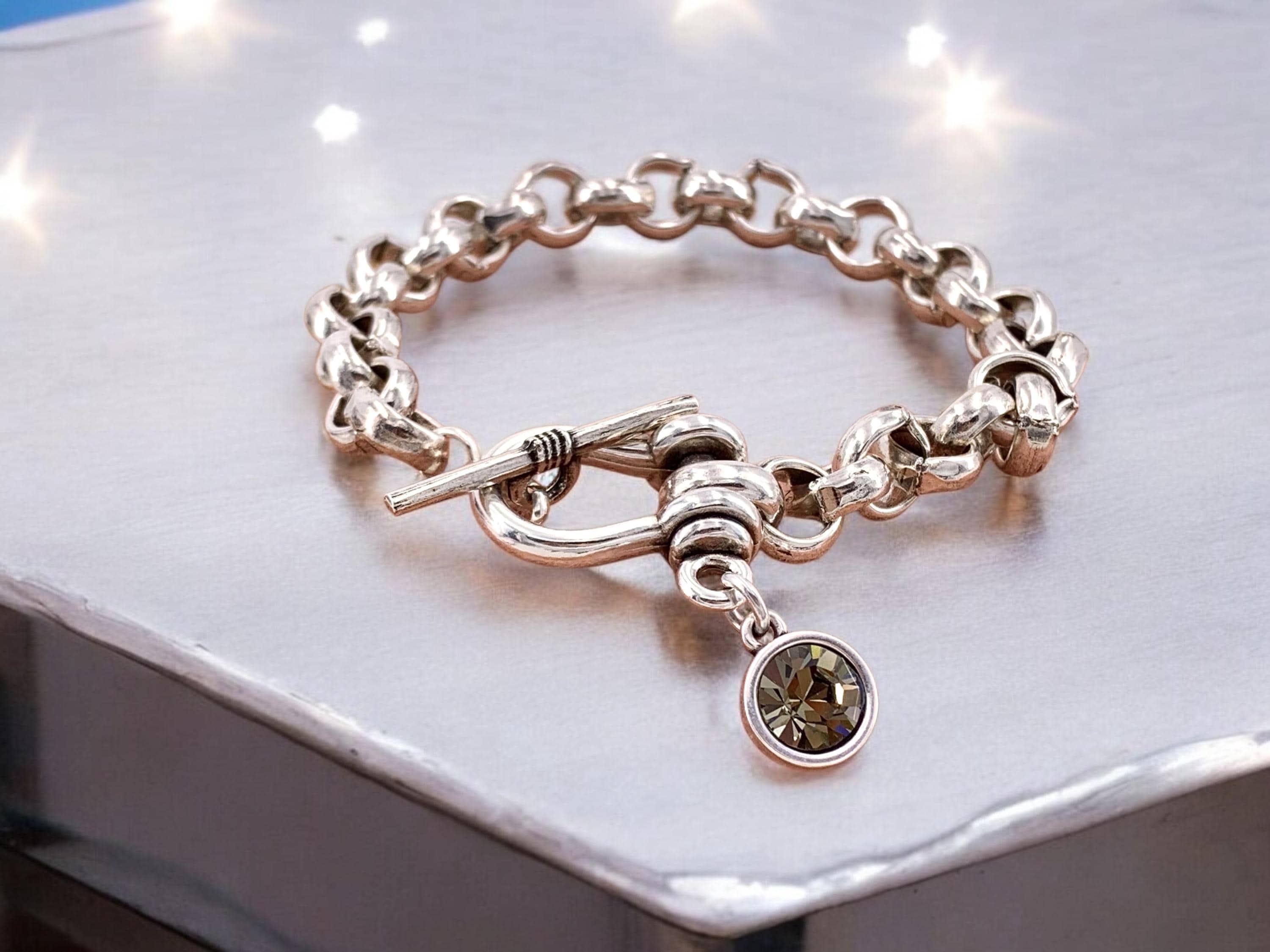 Bold Silver Link Bracelet – Chunky Statement Chain with Swarovski Charm – Handmade Modern Toggle Jewelry -