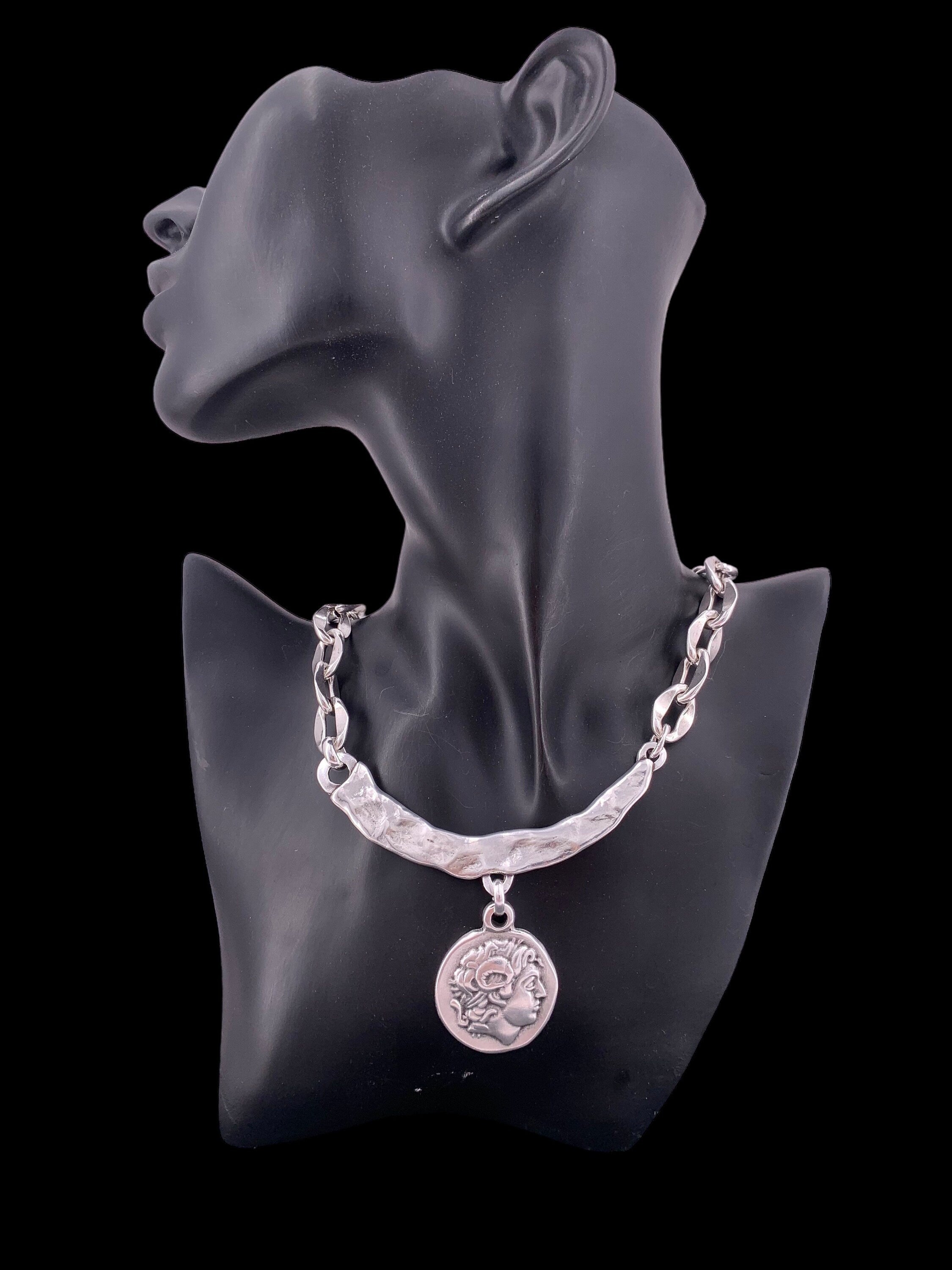 Silver Coin Pendant Necklace, Textured Bar Chain, Ancient Greek Style Jewelry