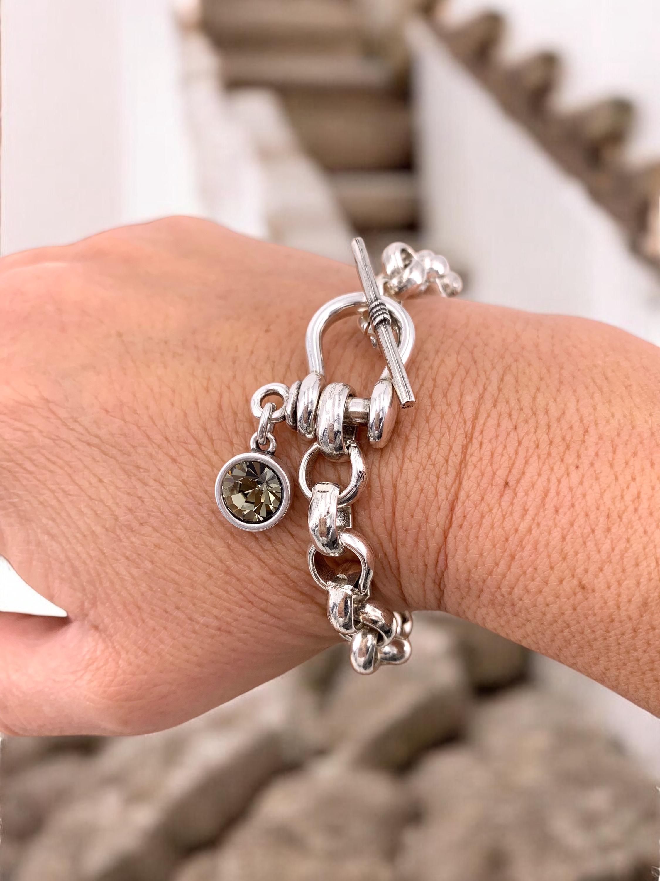 Bold Silver Link Bracelet – Chunky Statement Chain with Swarovski Charm – Handmade Modern Toggle Jewelry -