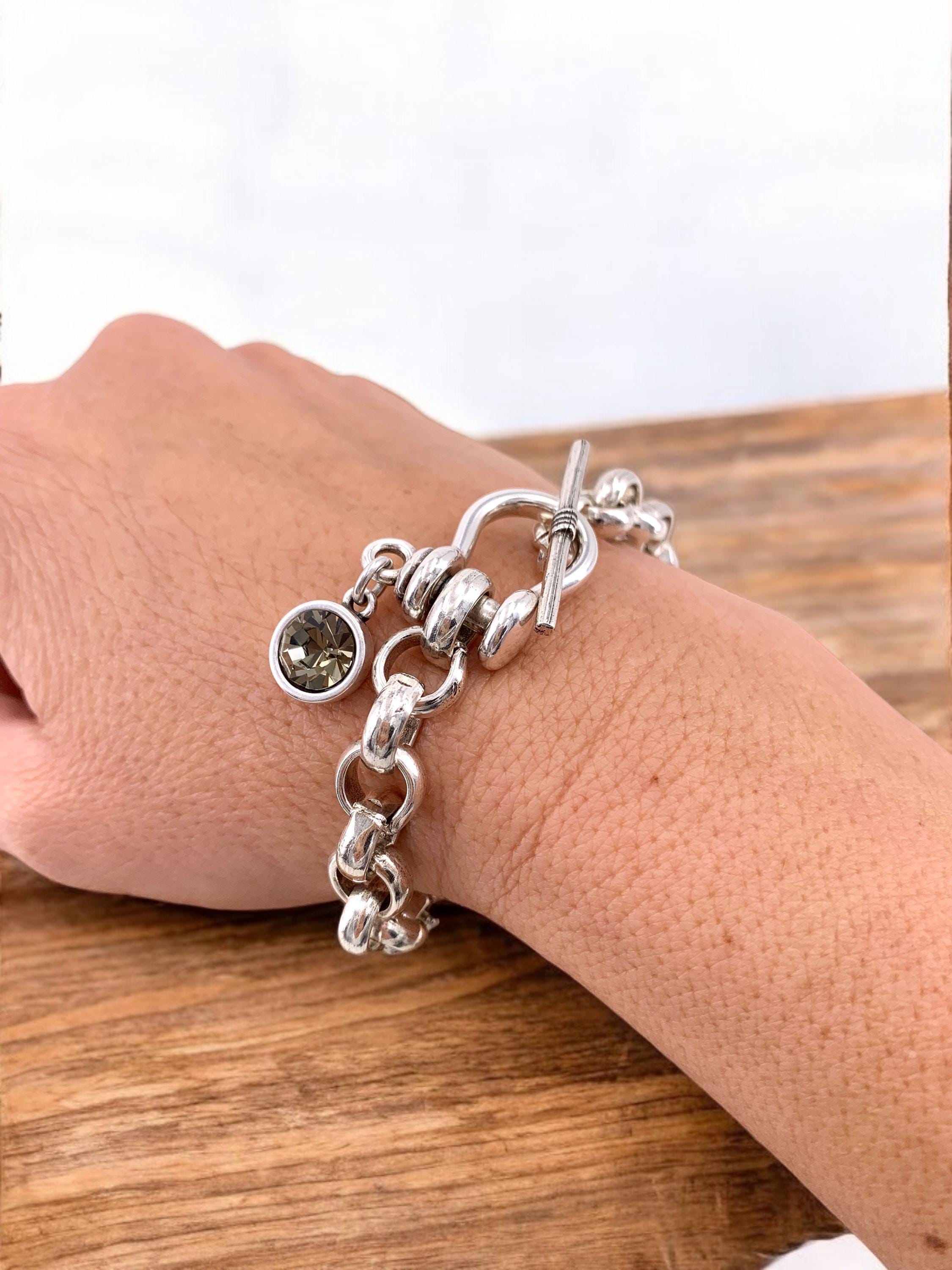 Bold Silver Link Bracelet – Chunky Statement Chain with Swarovski Charm – Handmade Modern Toggle Jewelry -