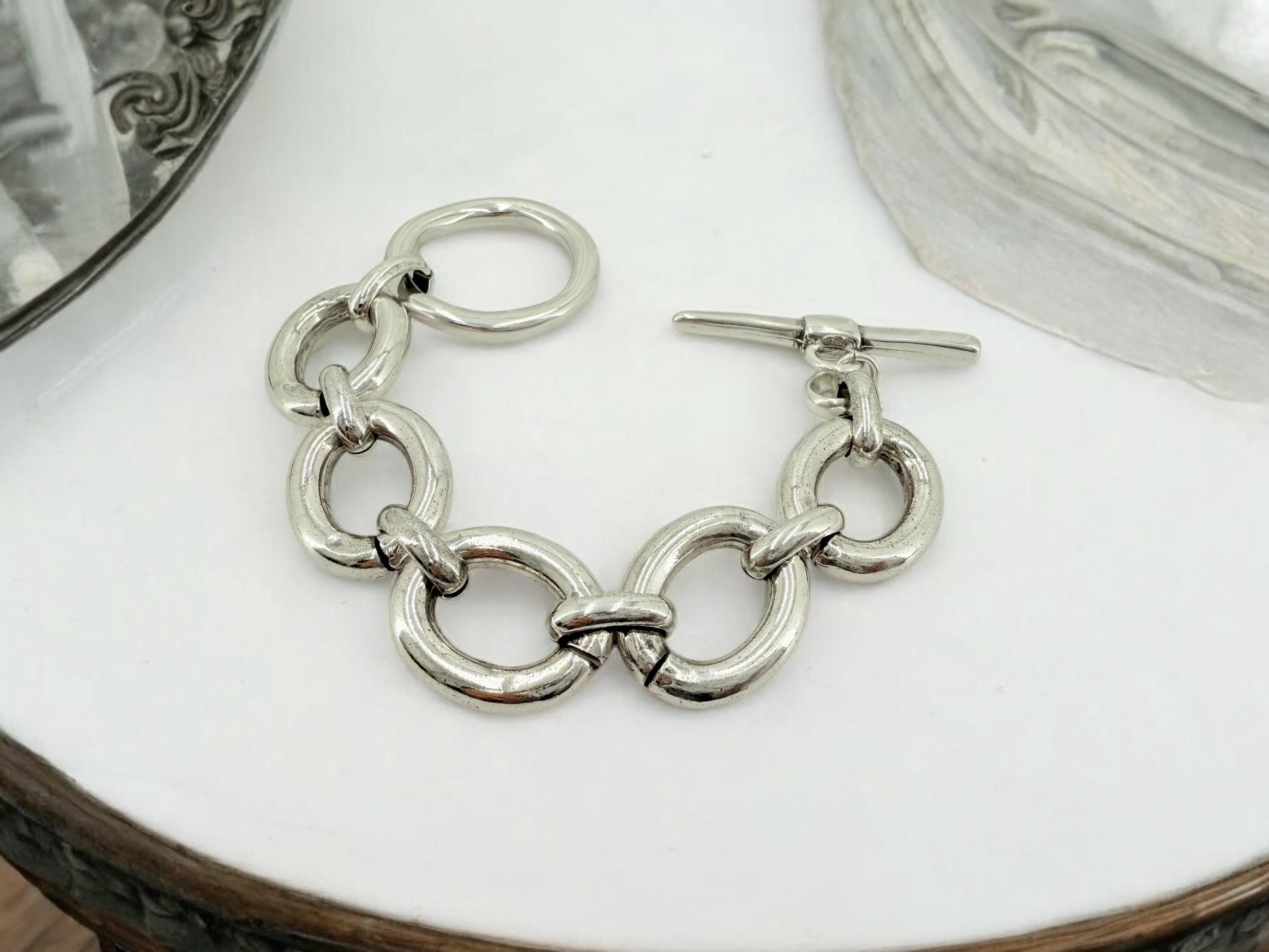 Silver chunky lightweight chain bracelet - bold customized toggle cuff