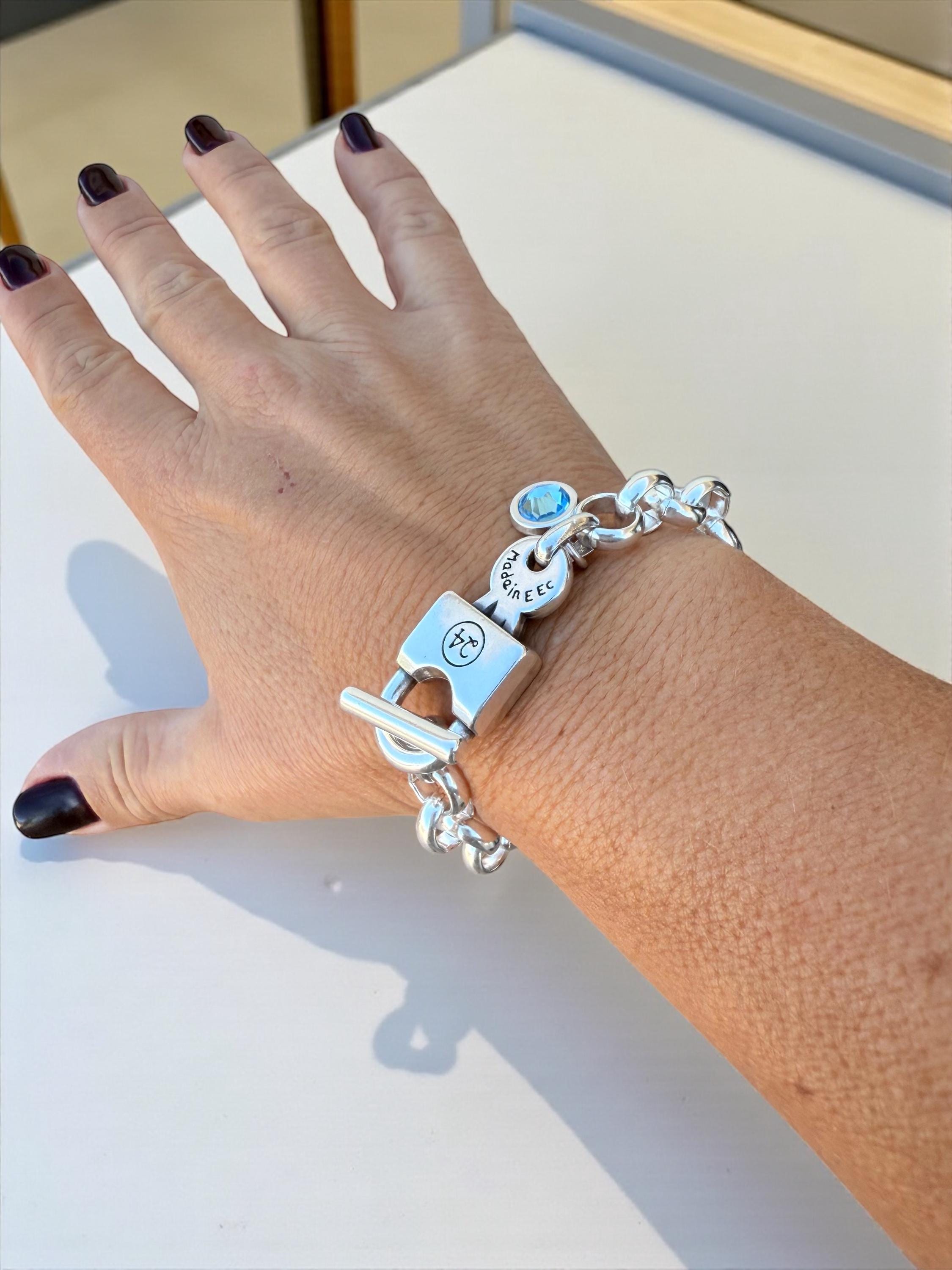 Oversized thick chain womens padlock bracelet| chunky key-lock Cuban link chain bracelet| edgy style silver curb chain cuff bracelet