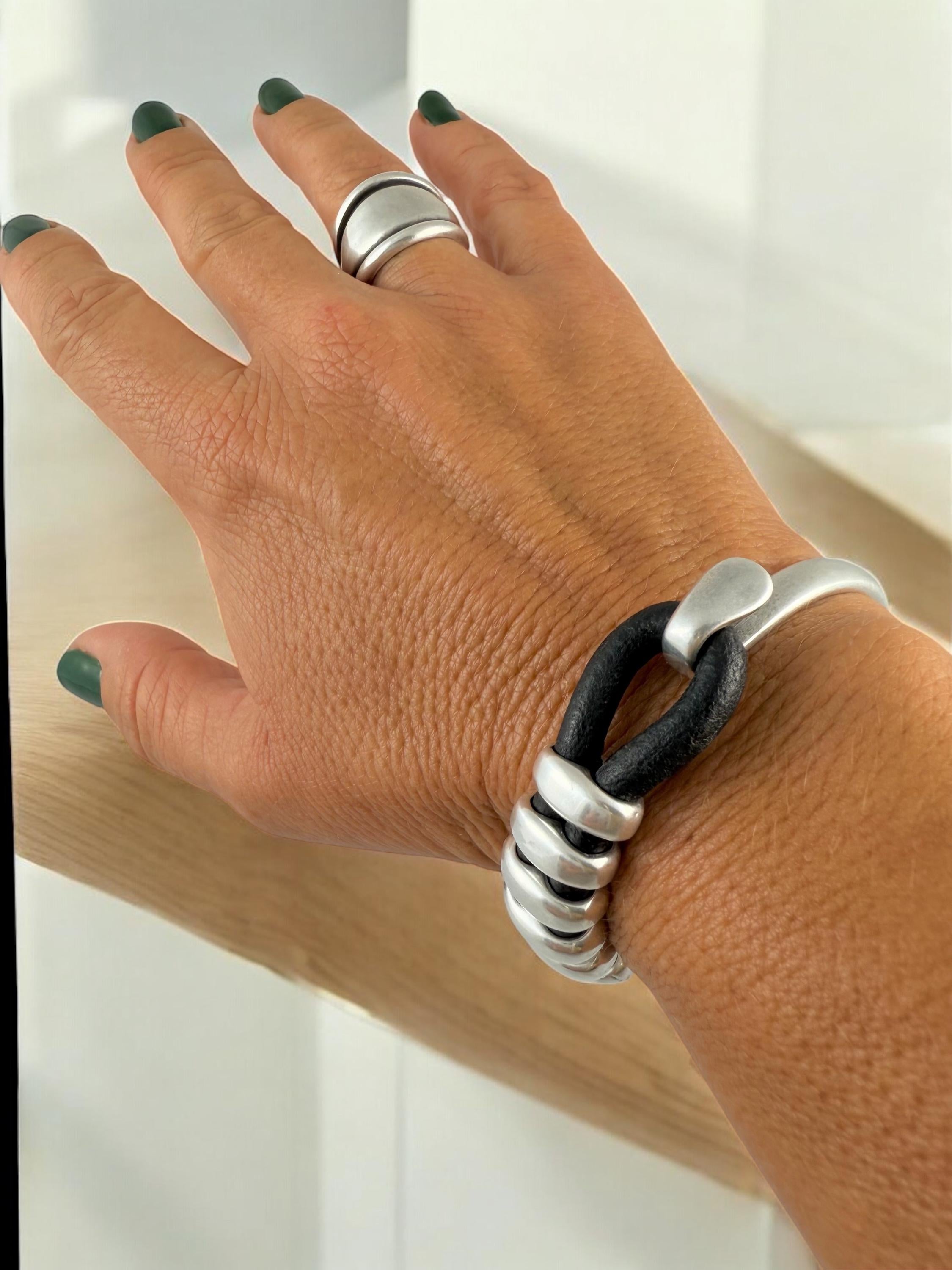 Chunky Rock-Style Silver & Leather unisex Bracelet, bold handmade half cuff