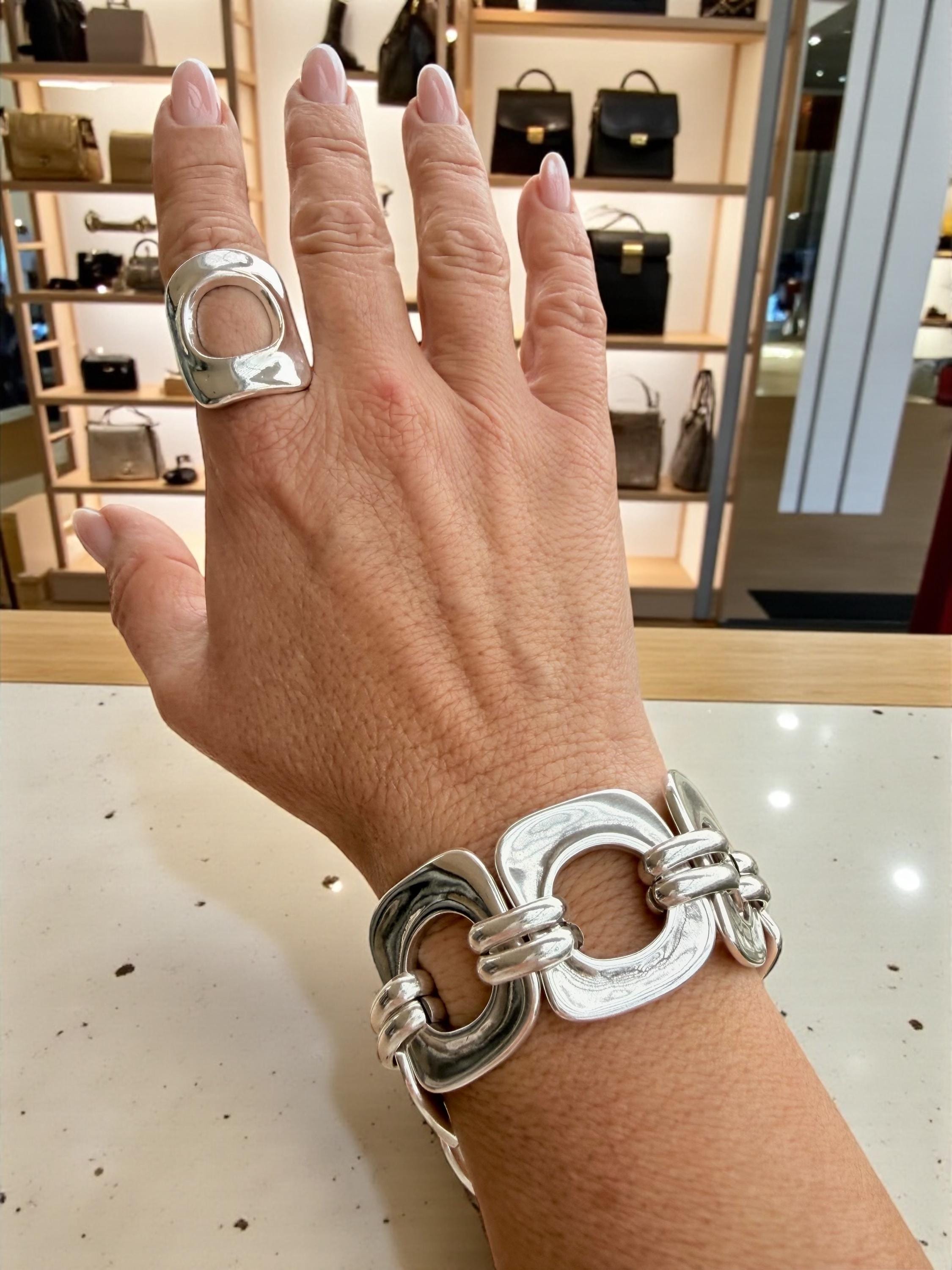 Chunky Silver-Plated Bracelet – Bold Statement Jewelry – Adjustable Sculptural Design