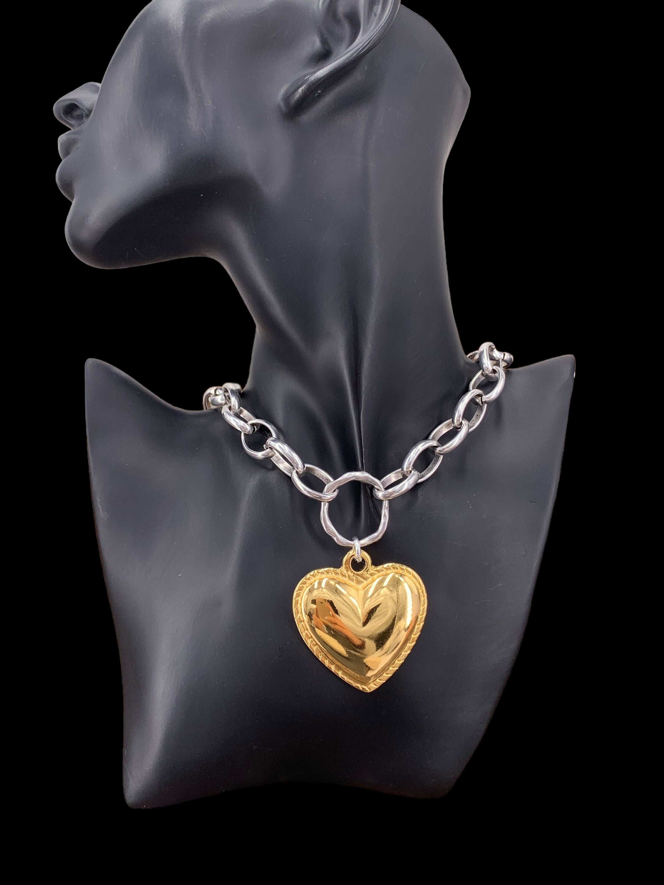 Silver chunky chain necklace with statement gold heart pendant, silver and gold necklace, bold chain necklace, chunky pendant necklace,