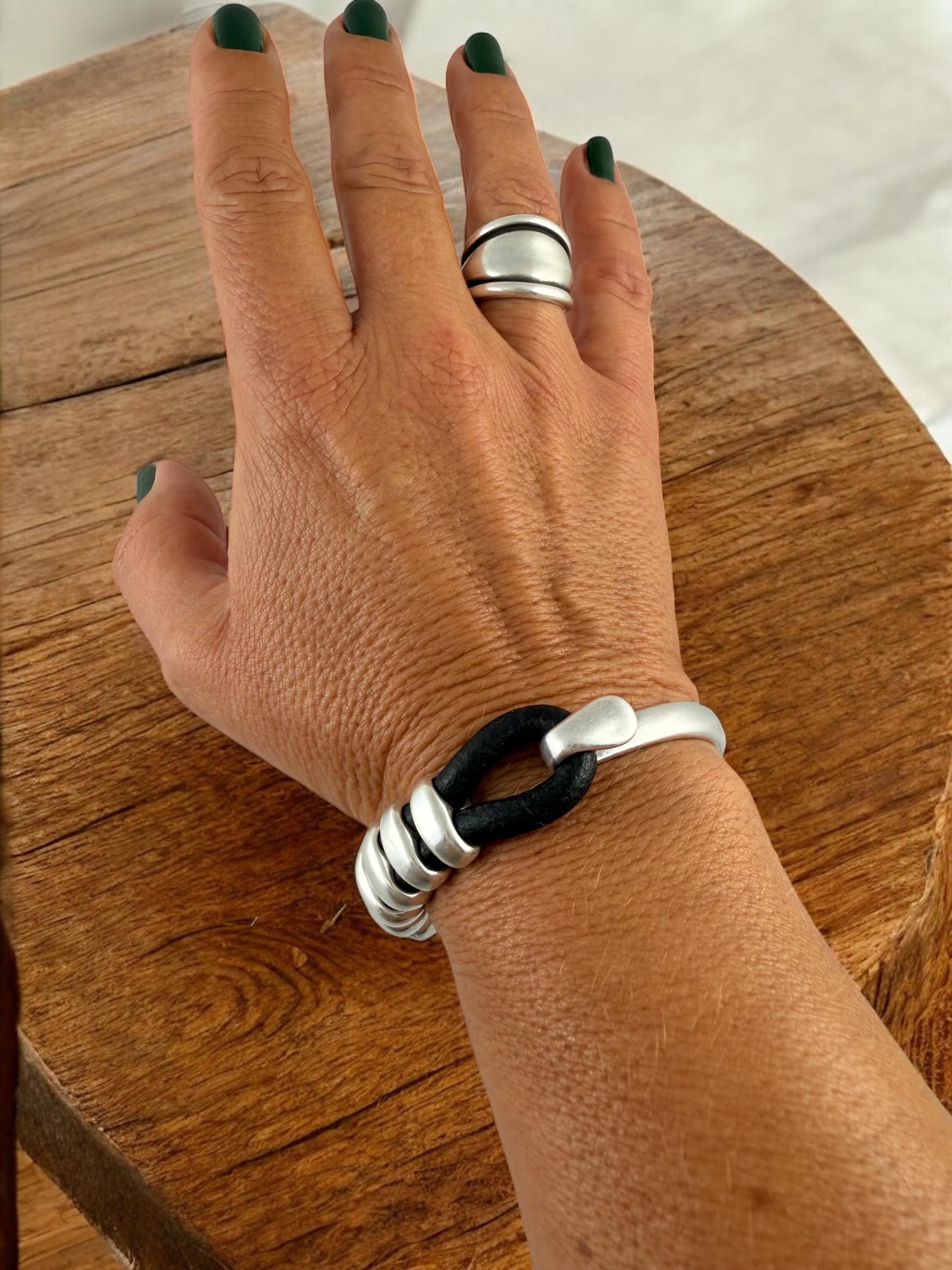 Chunky Rock-Style Silver & Leather unisex Bracelet, bold handmade half cuff