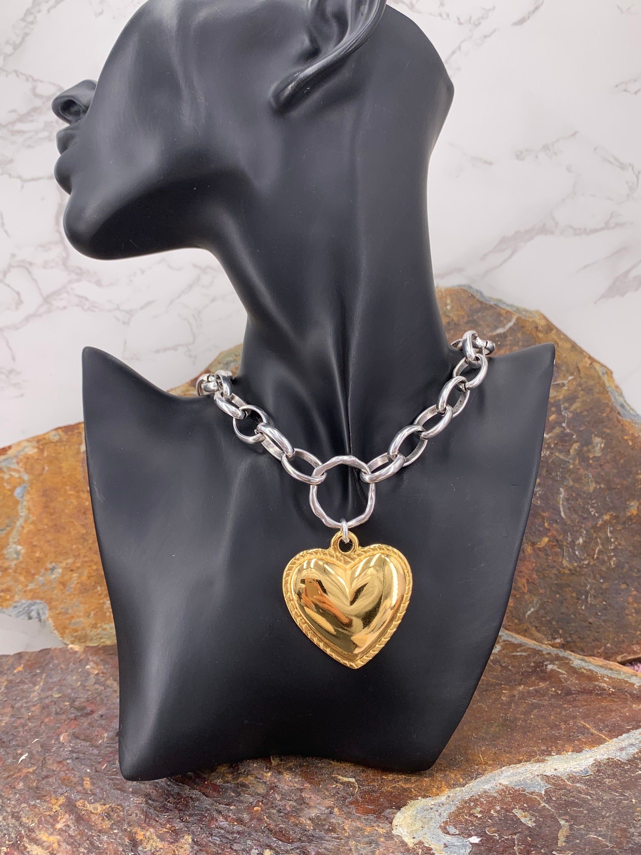 Silver chunky chain necklace with statement gold heart pendant, silver and gold necklace, bold chain necklace, chunky pendant necklace,