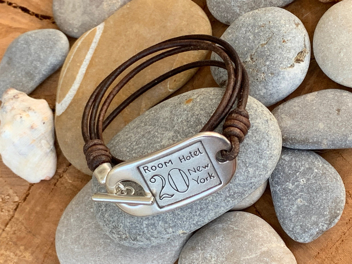 Boho Multi-Strand Leather Bracelet – Toggle Clasp with ID Charm – Handmade Wrap Bracelet in Silver and Spanish Leather,