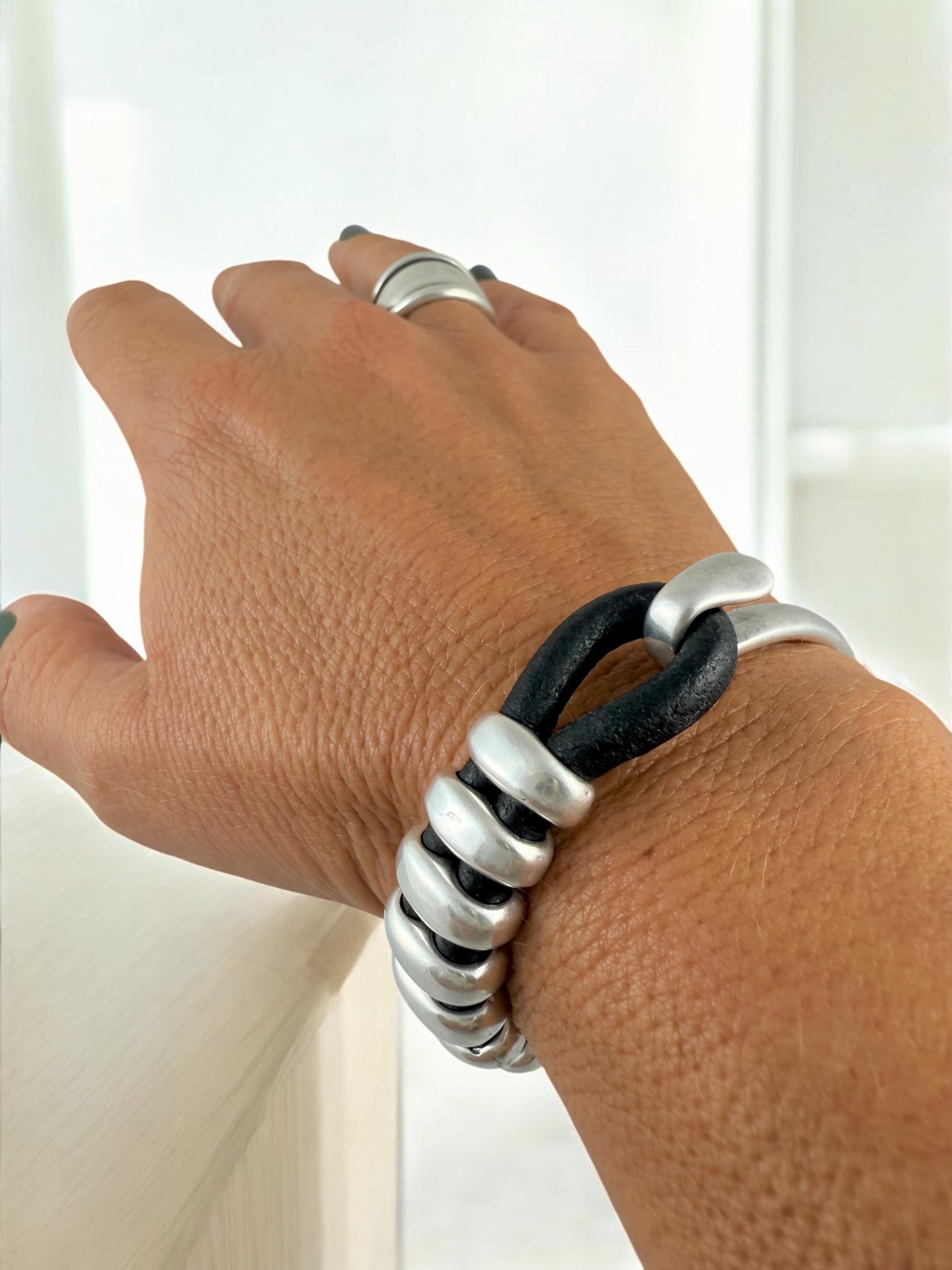 Chunky Rock-Style Silver & Leather unisex Bracelet, bold handmade half cuff