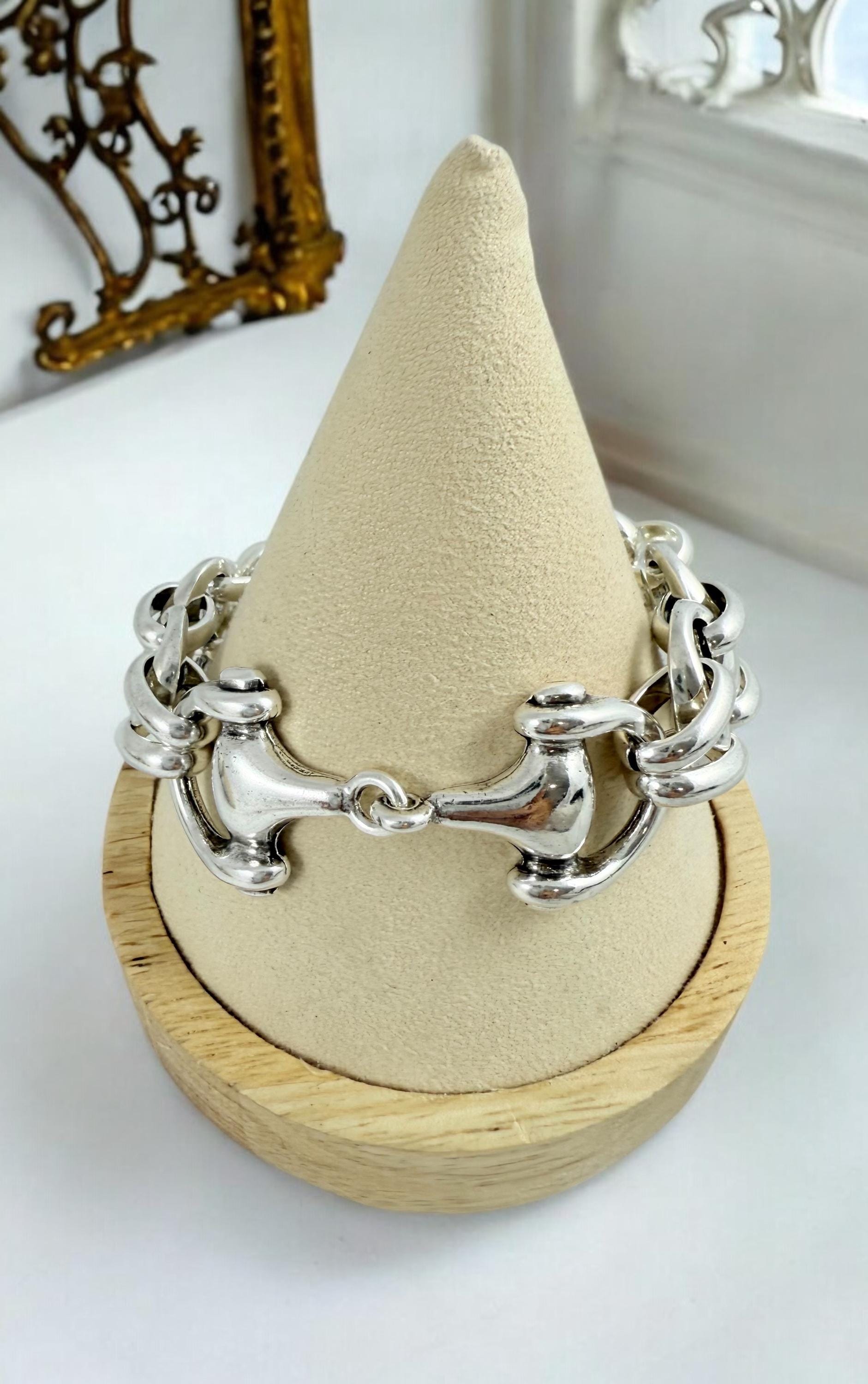 Chubky silver bracelet with mariner links chain and equestrian bit motive - statement handmade jewelry
