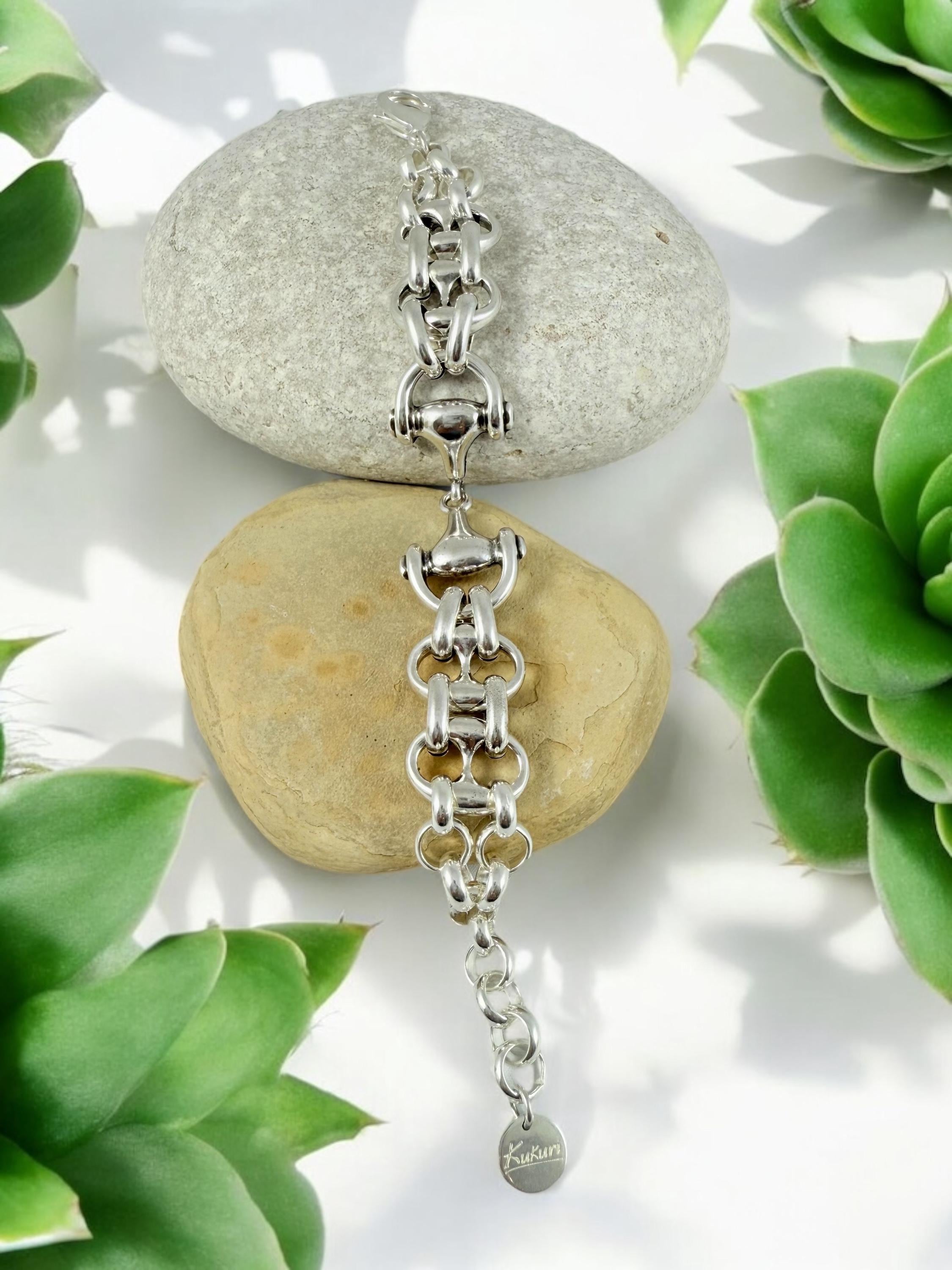 Chubky silver bracelet with mariner links chain and equestrian bit motive - statement handmade jewelry