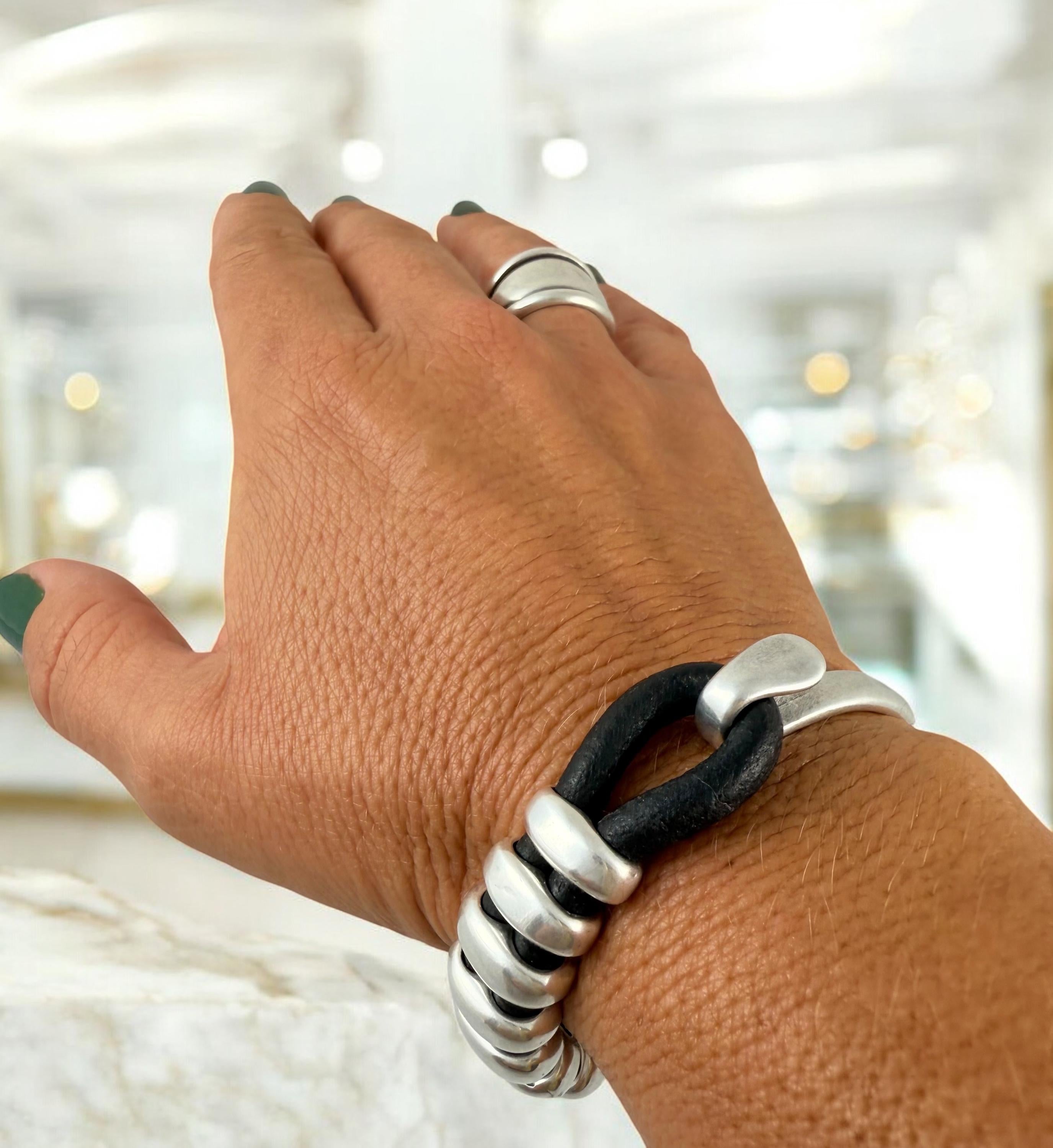 Chunky Rock-Style Silver & Leather unisex Bracelet, bold handmade half cuff