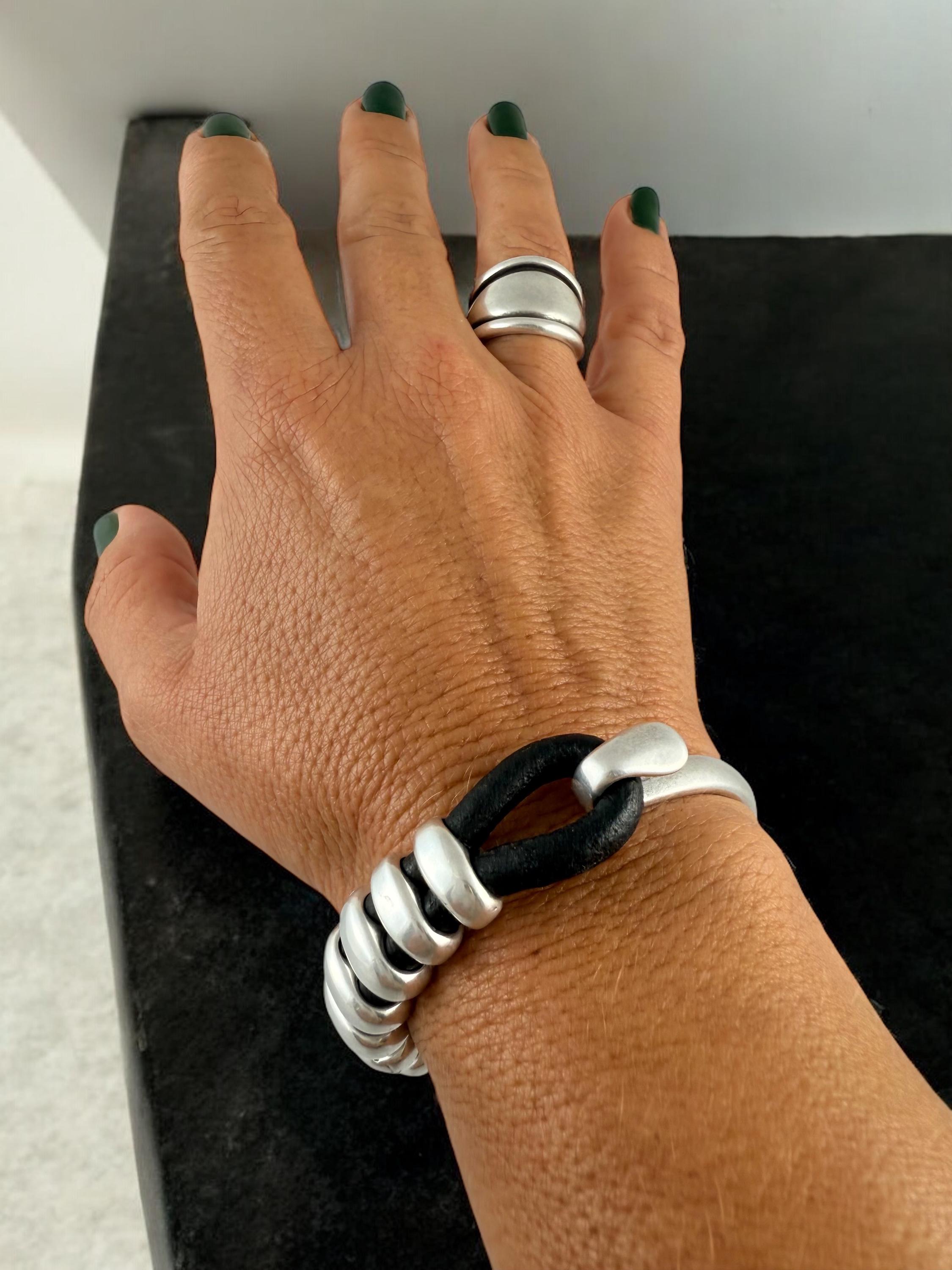 Chunky Rock-Style Silver & Leather unisex Bracelet, bold handmade half cuff
