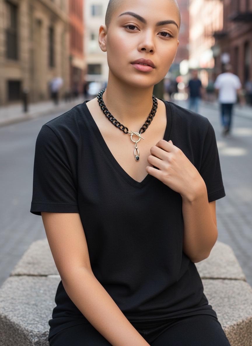 Chunky aluminum black chain necklace with Swarovski crystal pendant and toggle clasp