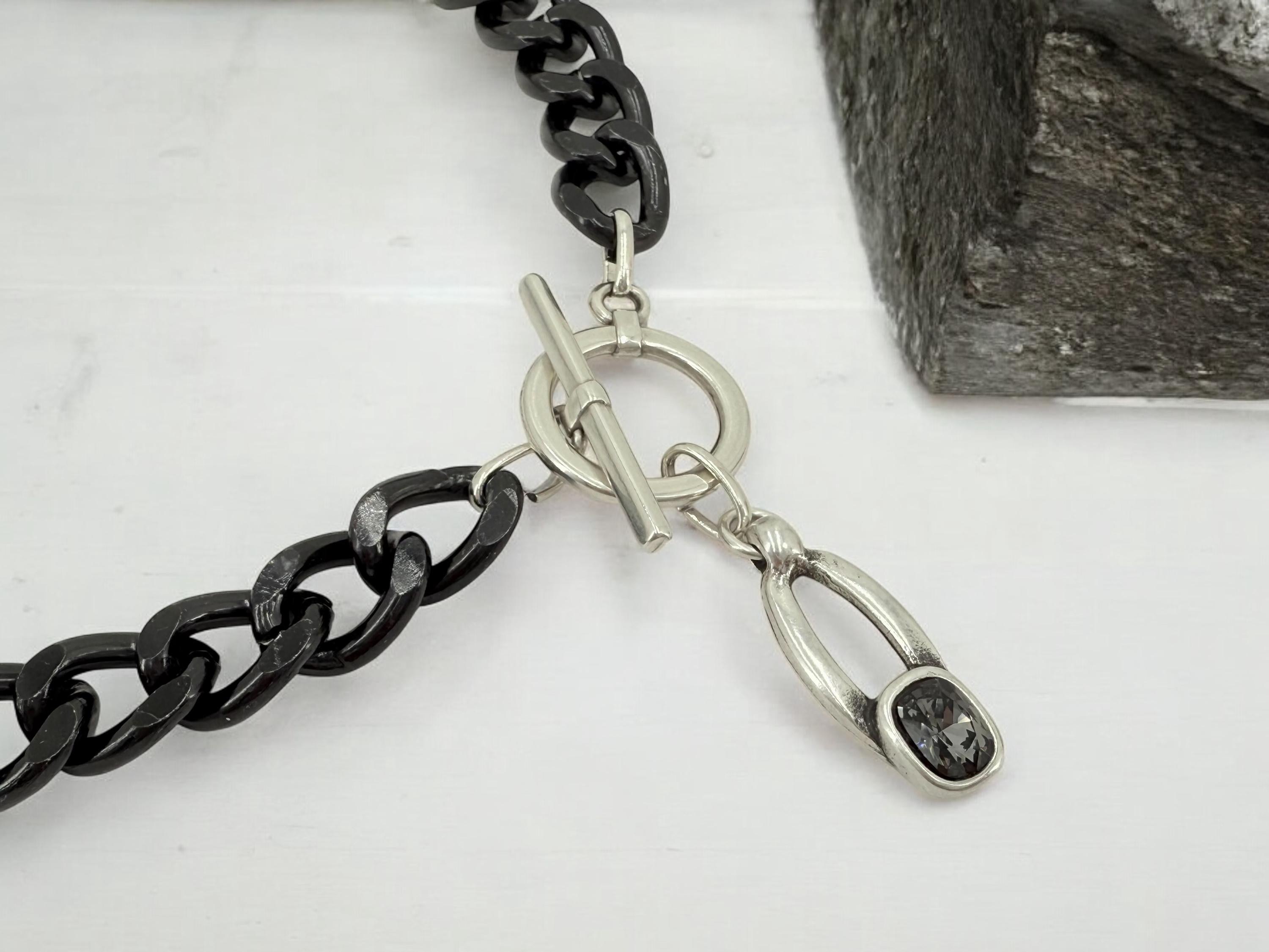 Chunky aluminum black chain necklace with Swarovski crystal pendant and toggle clasp