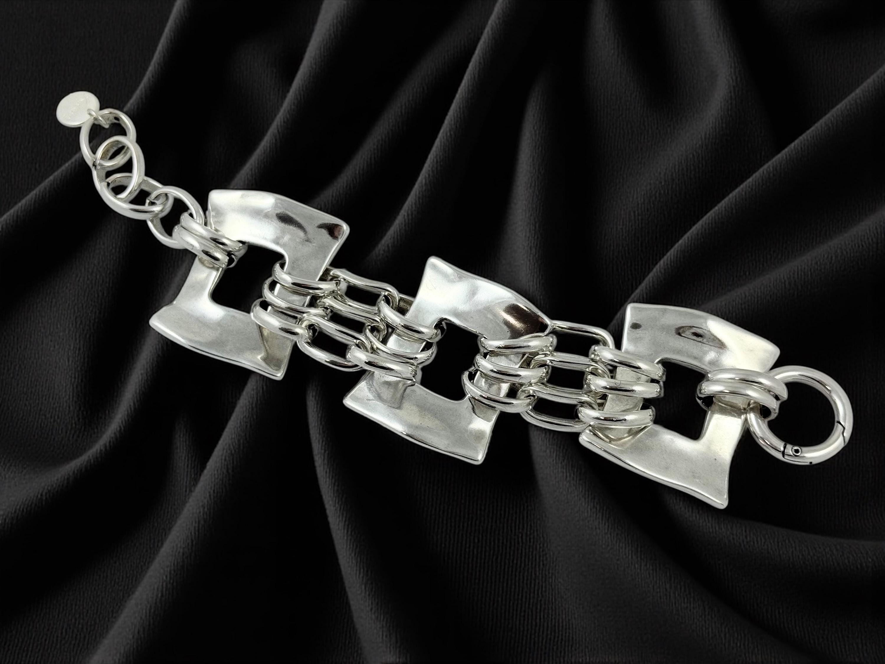 Chunky Geometric Silver Bracelet – Bold Statement Cuff – Adjustable, Plus‑Size Friendly