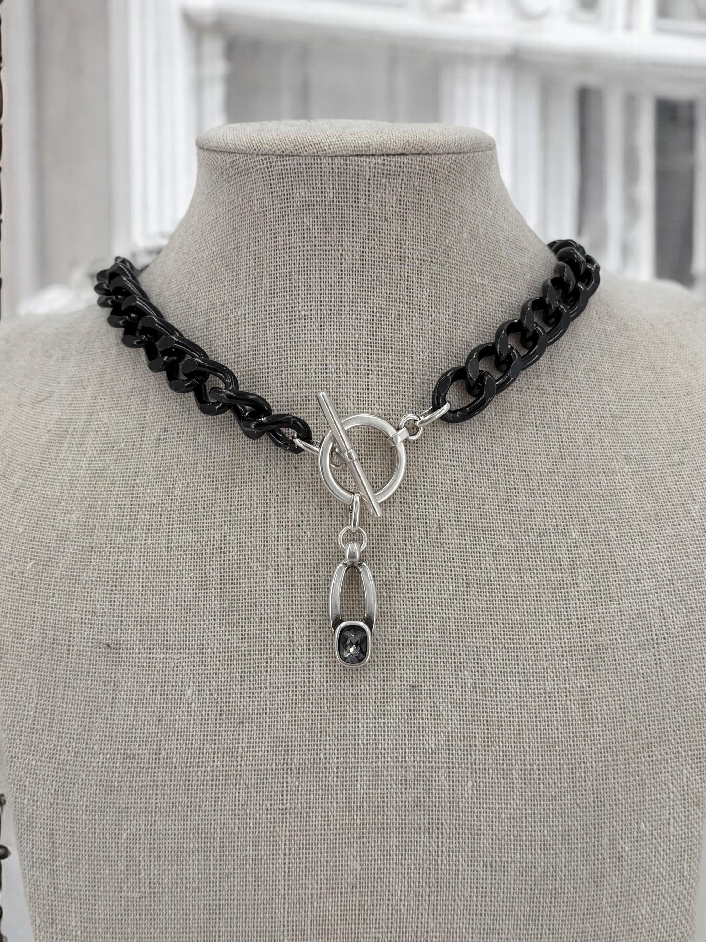 Chunky aluminum black chain necklace with Swarovski crystal pendant and toggle clasp